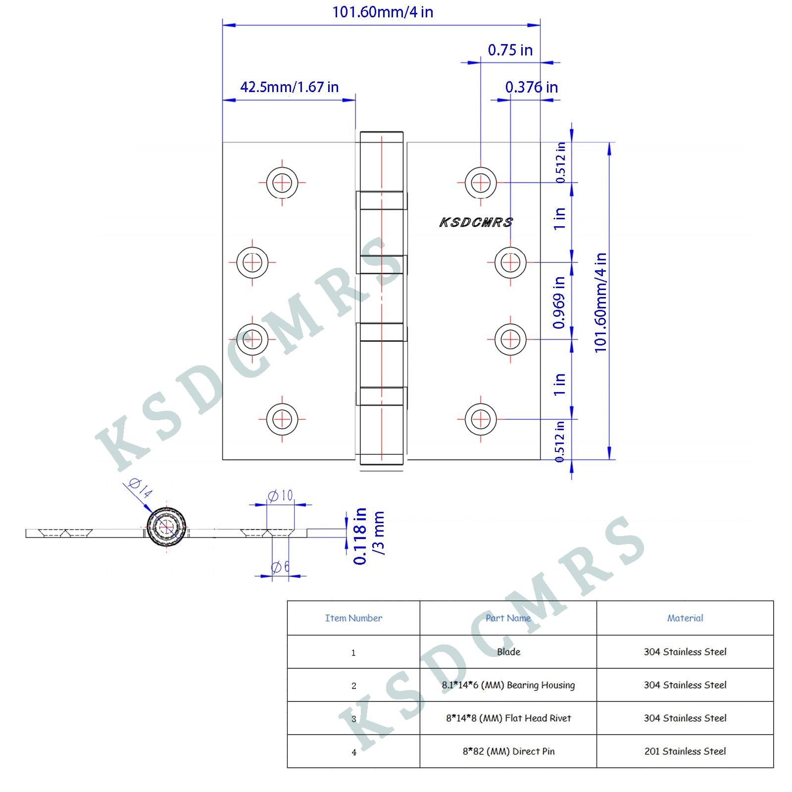 304 Stainless Steel 4 inch Door Hinges,Interior Door Hinge，Heavy Duty Ext