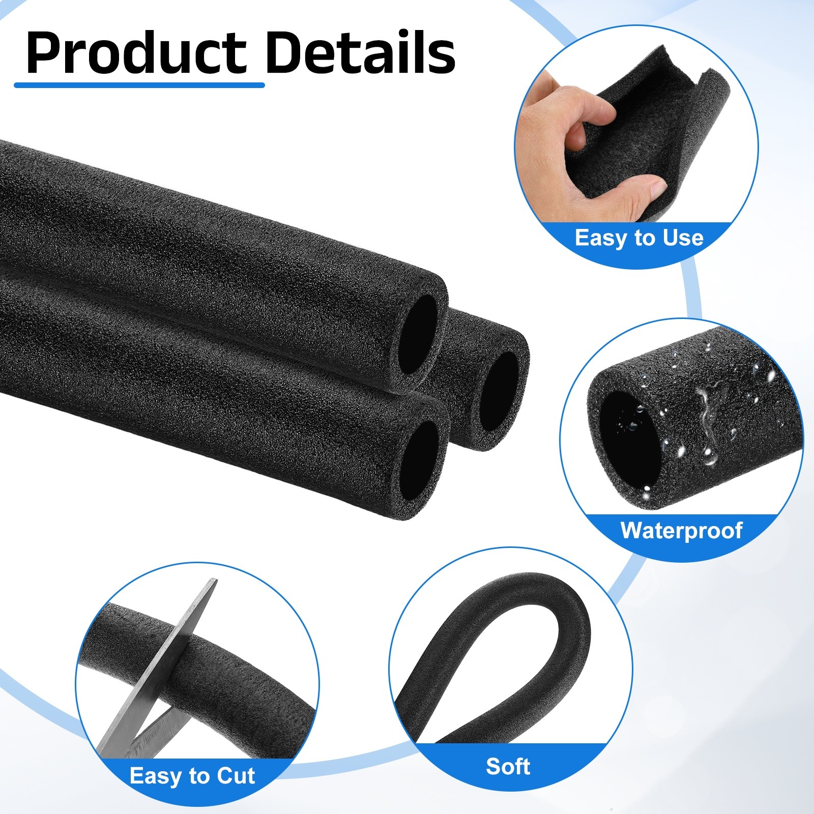 3 Pcs 0.79 Inch 3.3 Feet Pipe Insulation Foam Tube OD 1.18″