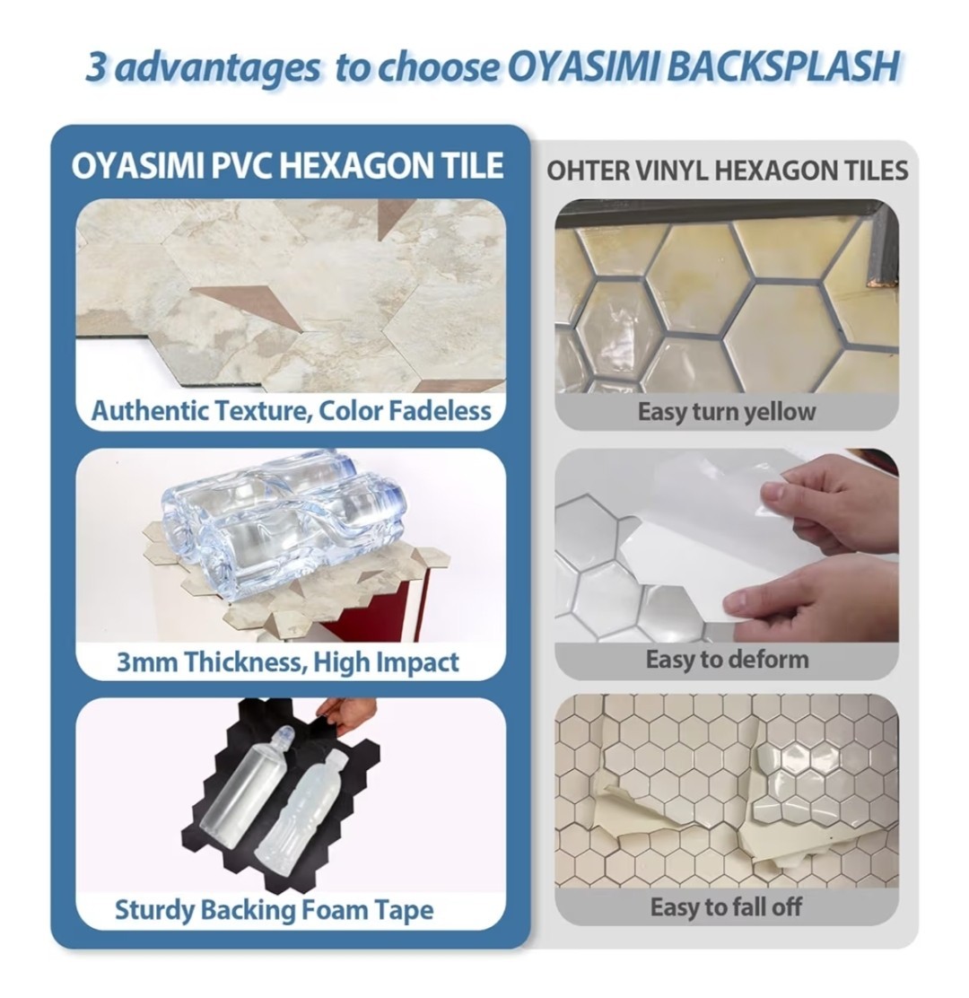 OYASIMI Hexagon Peel & Stick Backsplash Tile 10-Sheets PVC Kitchen Wall Heat Res