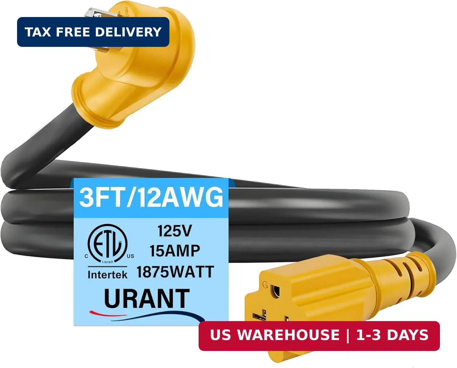 Waterproof 3ft 15 Amp Household to 20 Amp AC Power Adapter Cable | 12/3 Outdoor