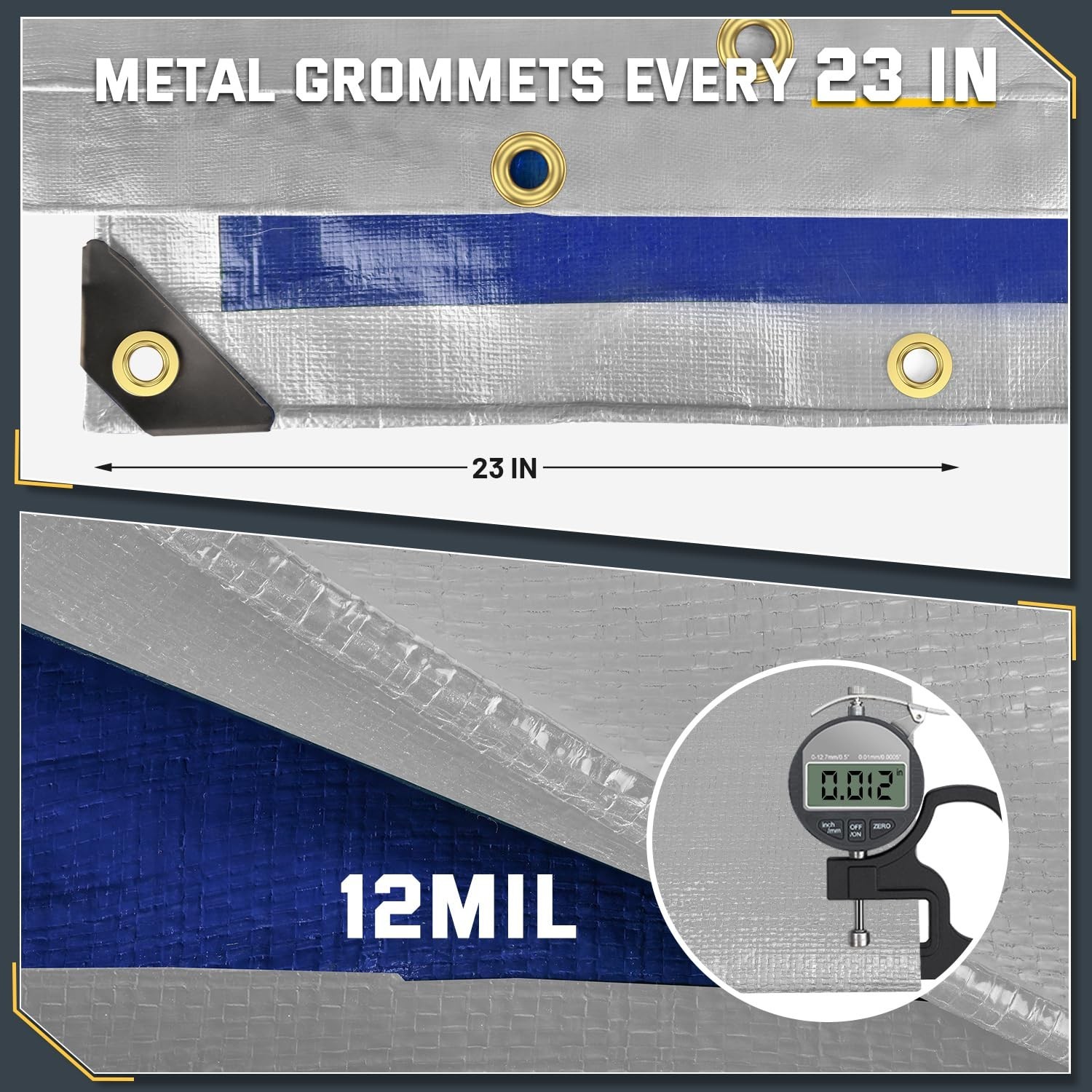 Kesfitt 12 Mil Heavy Duty Waterproof Tarp with Metal Grommets, 8×20 ft, Silve…