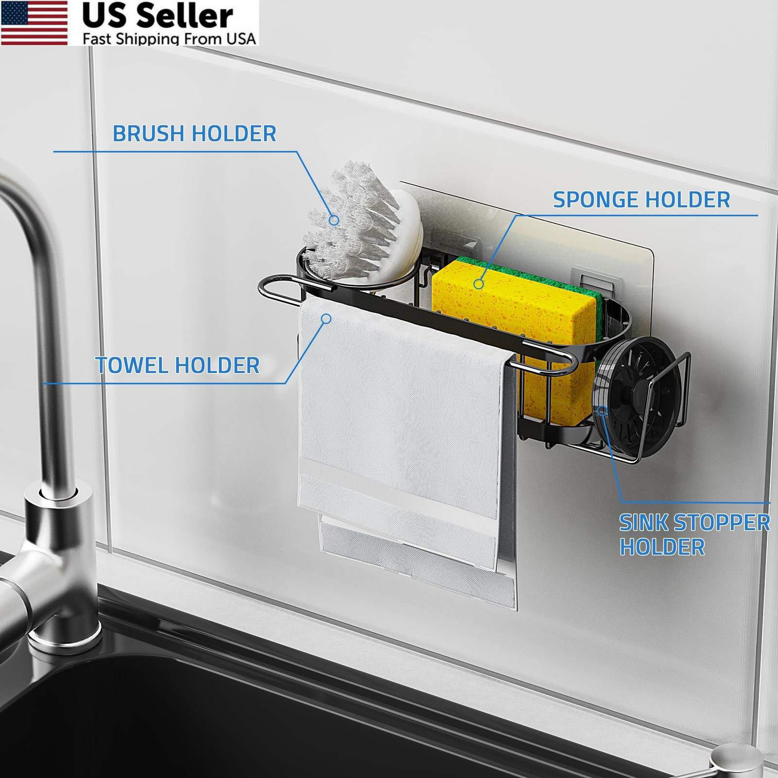 Cisily Kitchen Sink Caddy Sponge Holder in The Sink, 1, Suction cup-Black