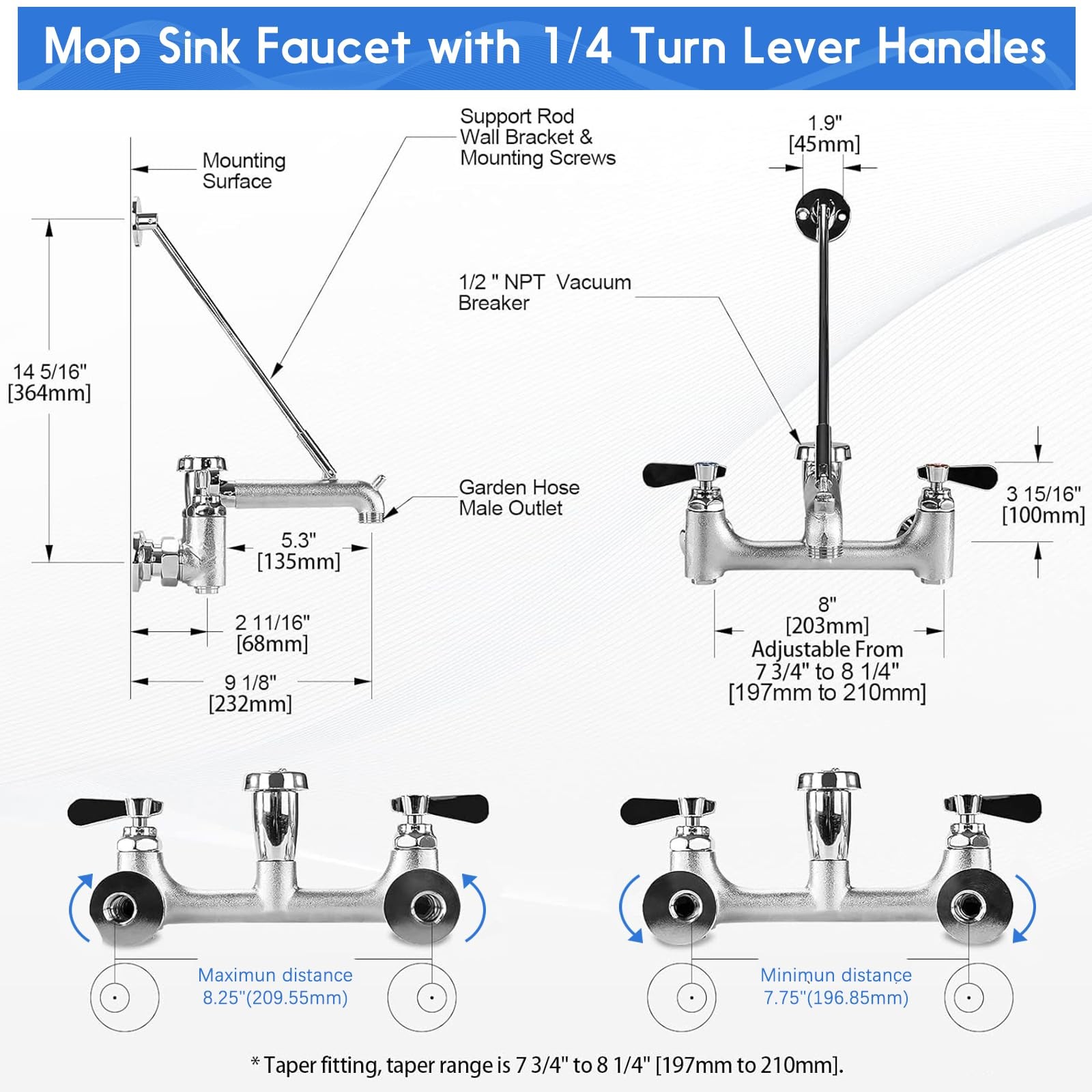 Sink Faucet Wall Mount 8in Vacuum Breaker 3/4 Inch Hose Adjustable Center Chrome