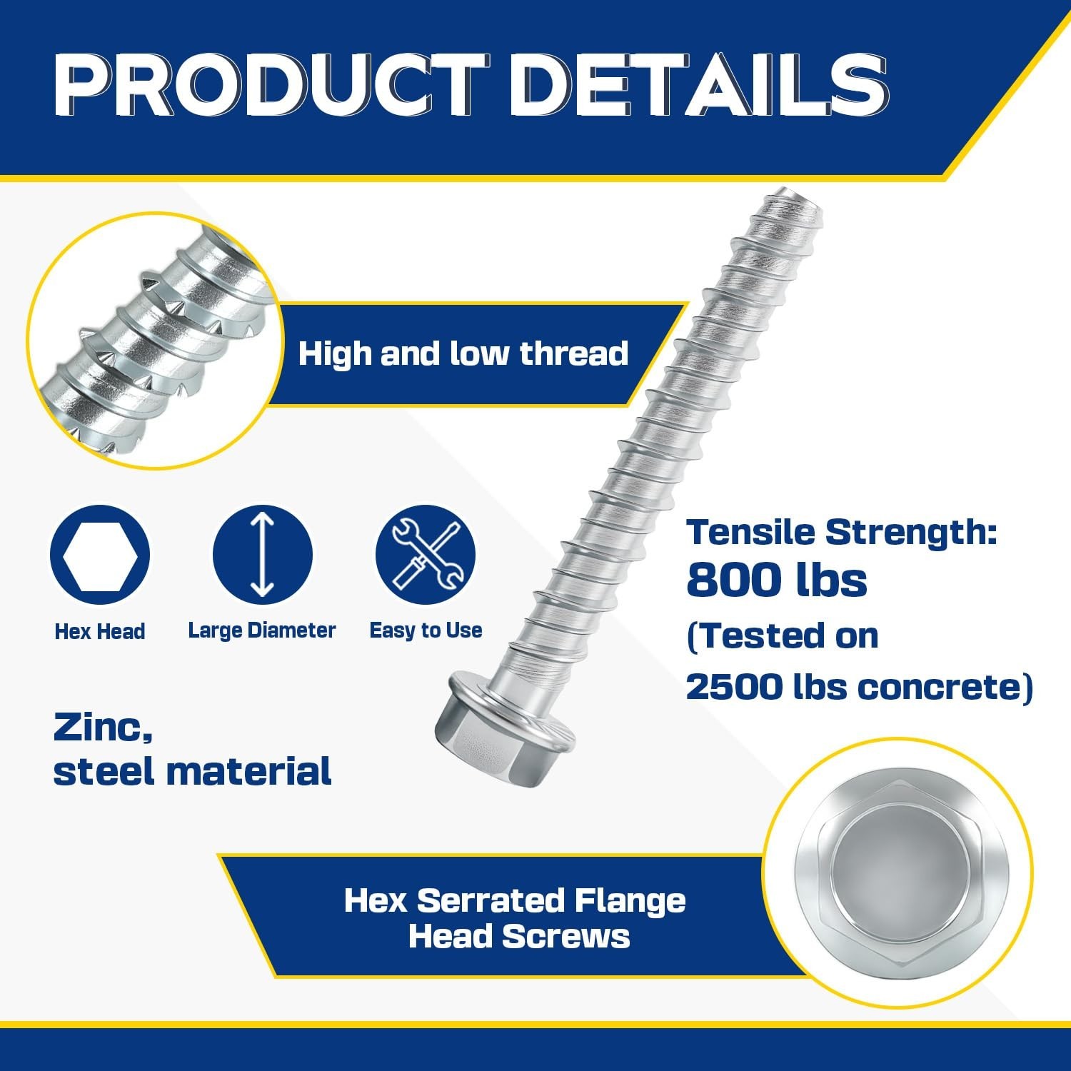 50 Pack 5/8″ x 5″ Large Diameter Concrete Screw – Heavy Duty Concrete Anchors…