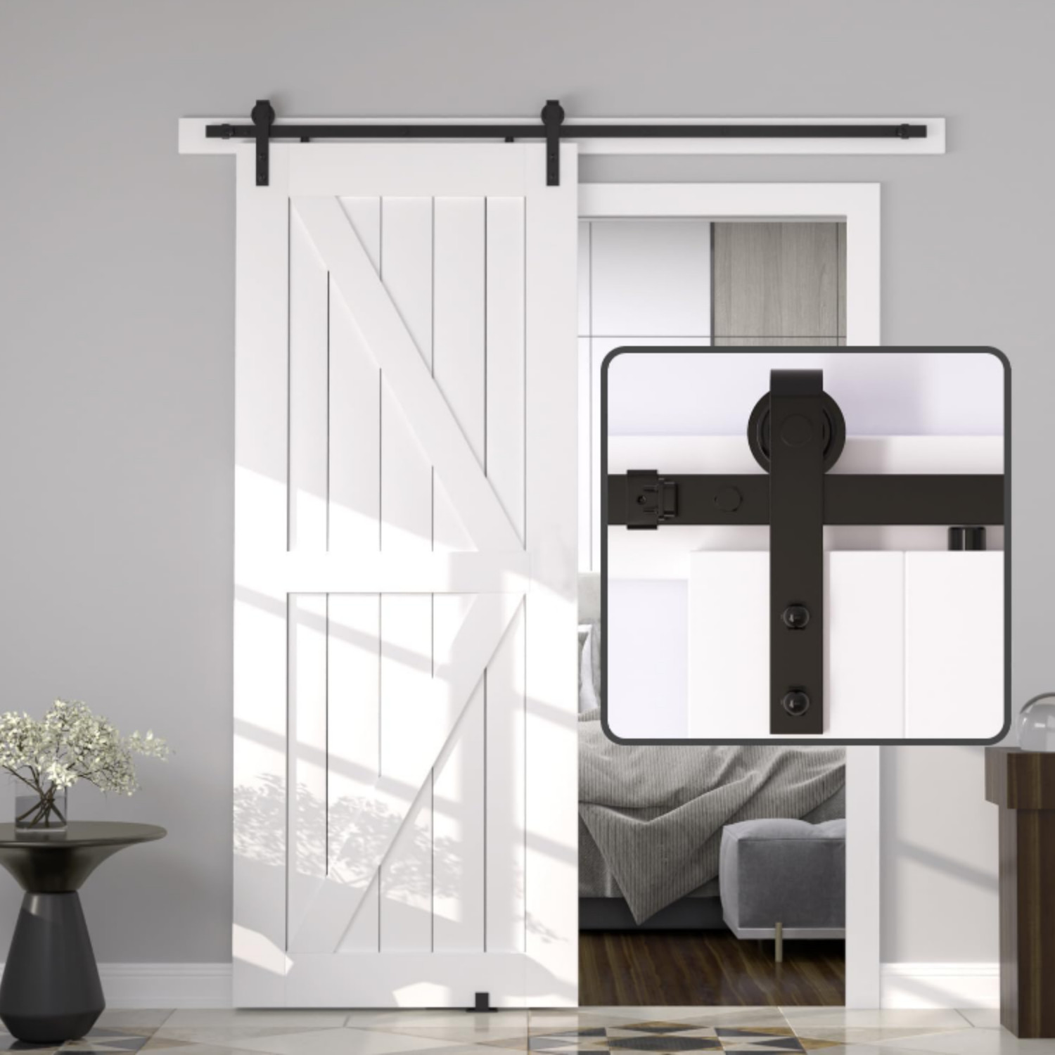 Wood Double Sliding Barn Door Hardware Basic Black Big Spoke Wheel Roller Kit