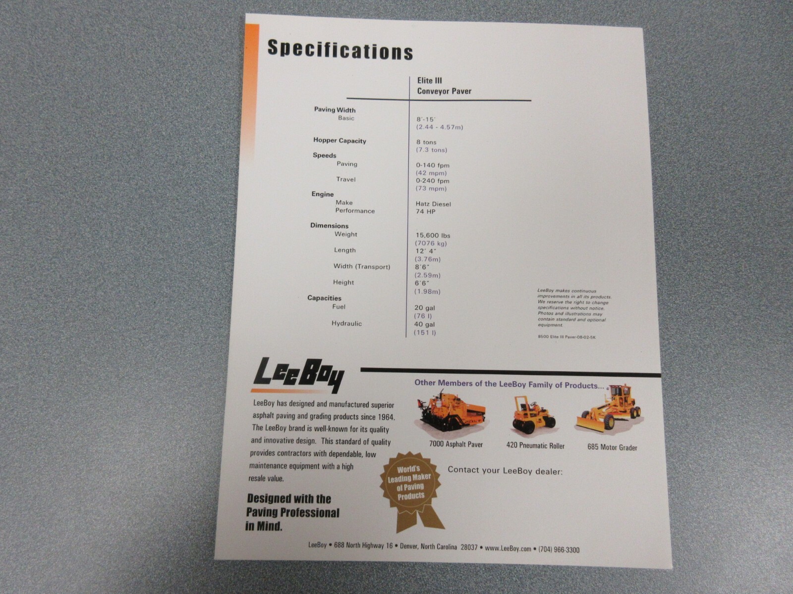 Leeboy 8500 Elite 3 Asphalt Paver Color Sales Sheet 2 Pages
