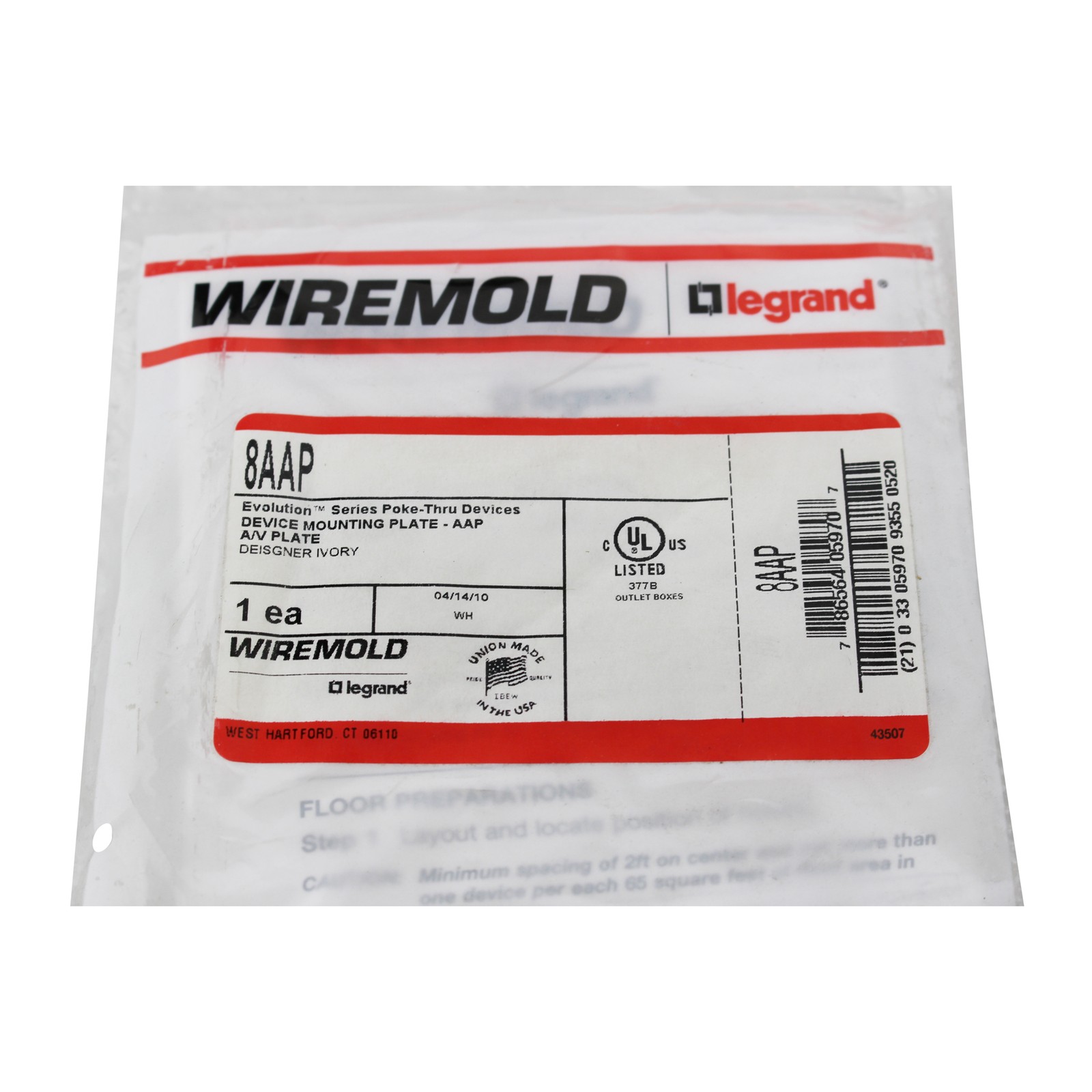 WIREMOLD 8AAP EVOLUTION POKE-THRU DEVICE MOUNTING PLATE A/V, IVORY