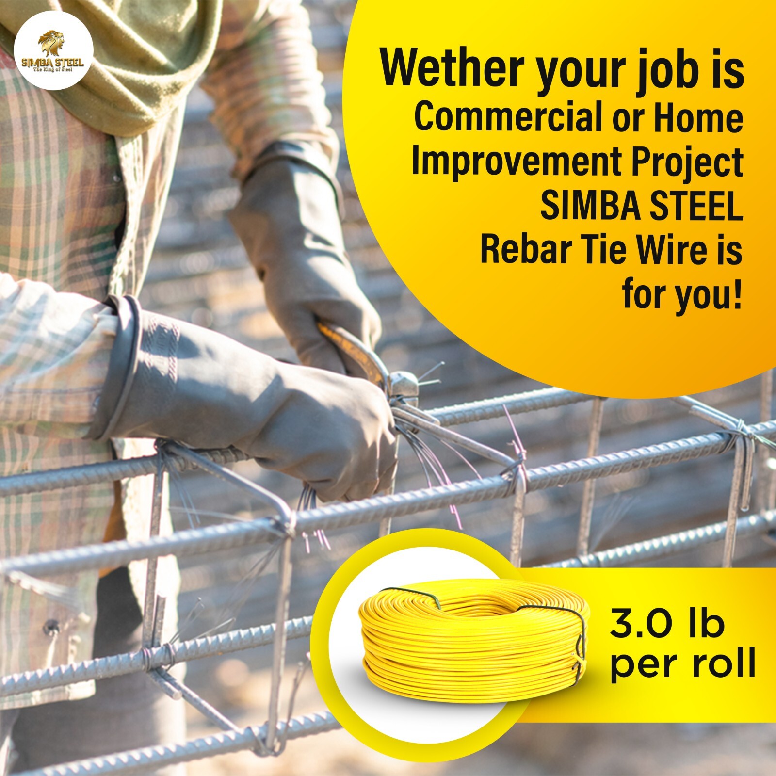ReBar Tie Wire, 16 Gage PVC Yellow coated, 3.0 lb Rolls 1 – 100 Qty SIMBA STEEL