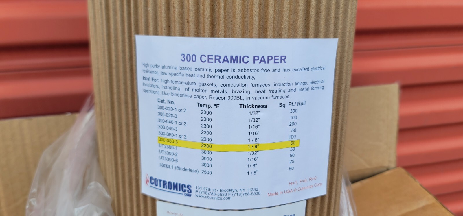 300-080-3 Ceramic Paper 2300 1/8″ 50 Based Asbestos Free COTRONICS
