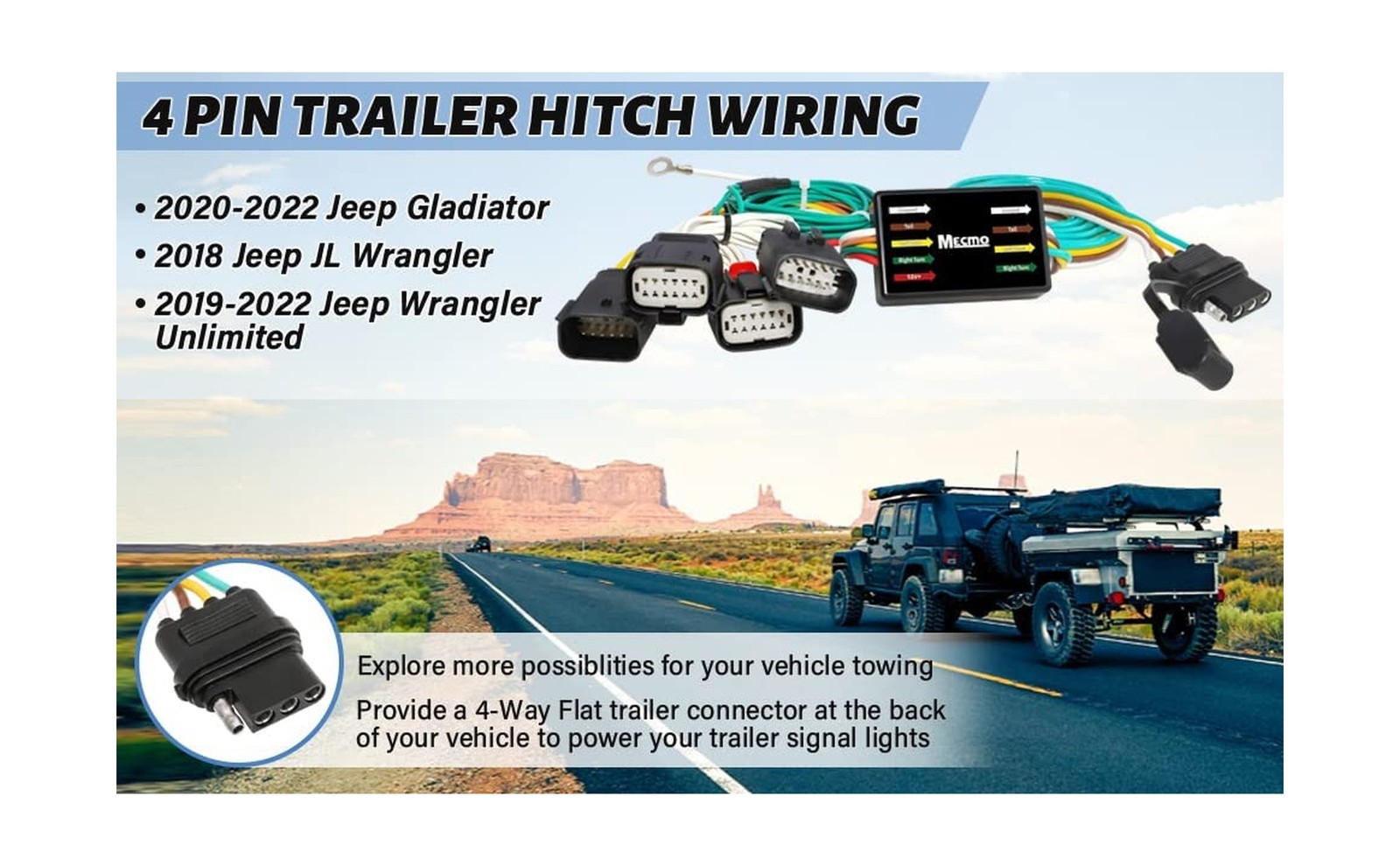 MECMO Multi-Tow 4 Way Flat to 7 Way Blade and 4 Flat Trailer Adapter with Cus…