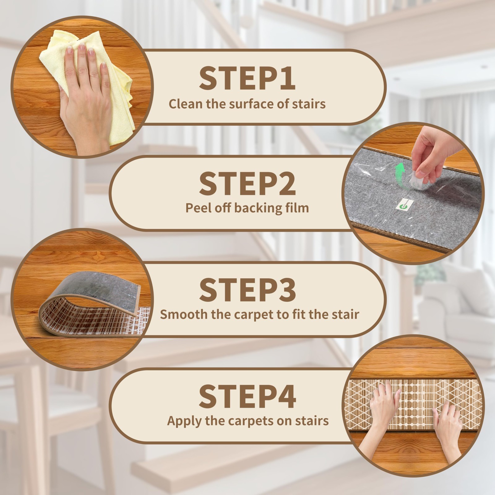 Non-Slip Carpet Stair Treads 1PCS, 30″x30″ Peel and Stick Stair Runner for Woode