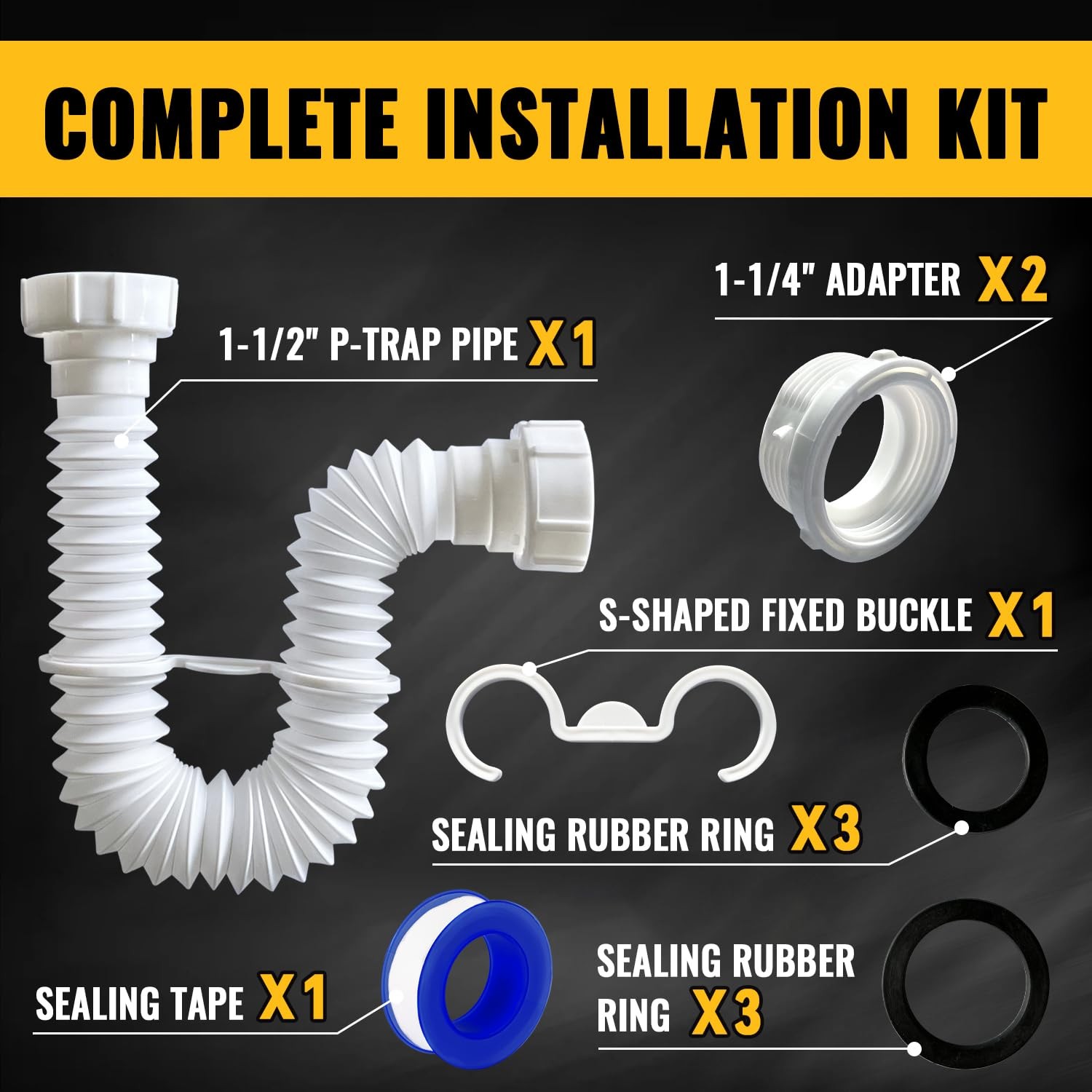 VIVIDA 1-1/2″ Sink Drain Pipe Kit, Flexible P 7.5″ to 17.7″, White