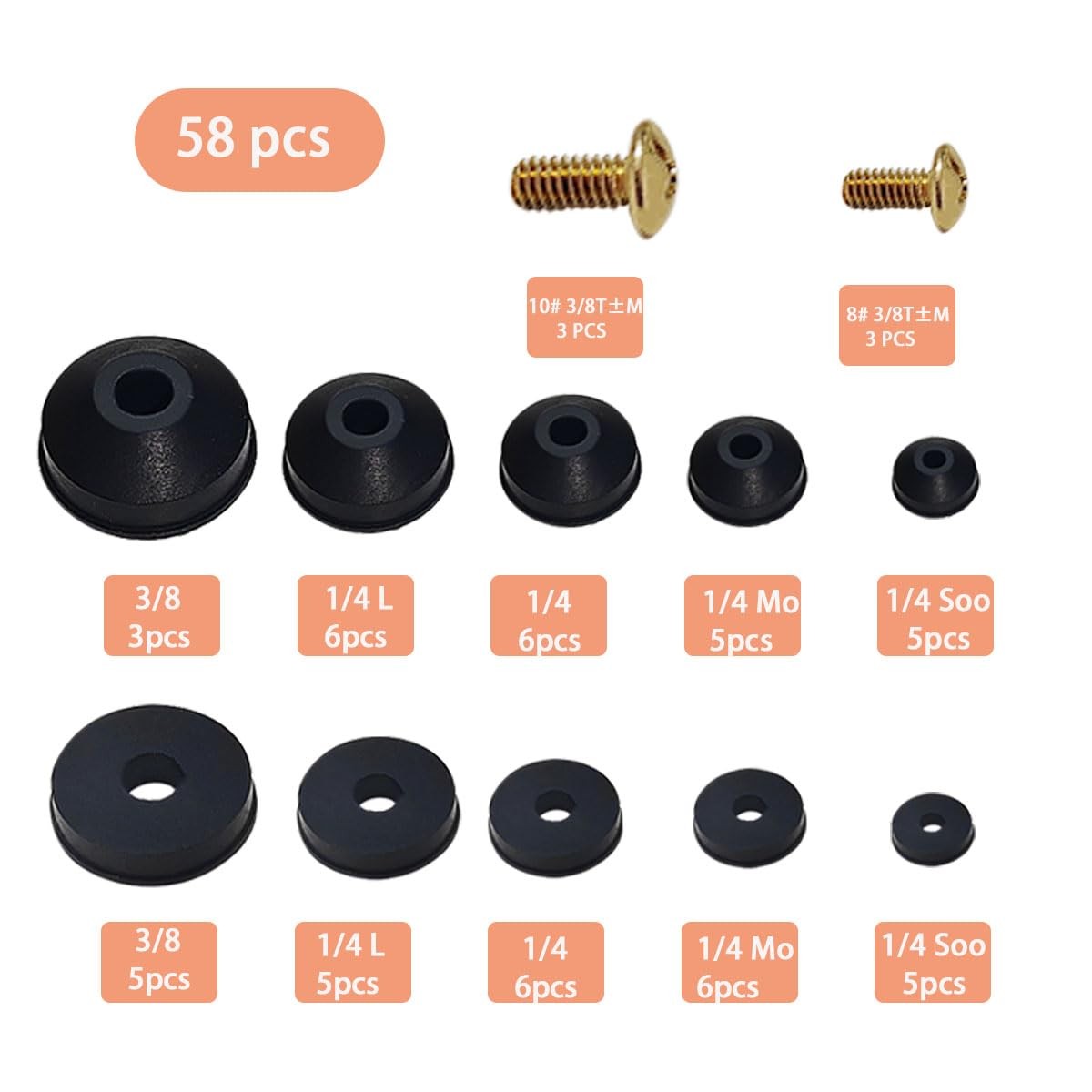58 PCS Faucet Washers Assortment Kit, Flat & Beveled 0.59 inches, Black