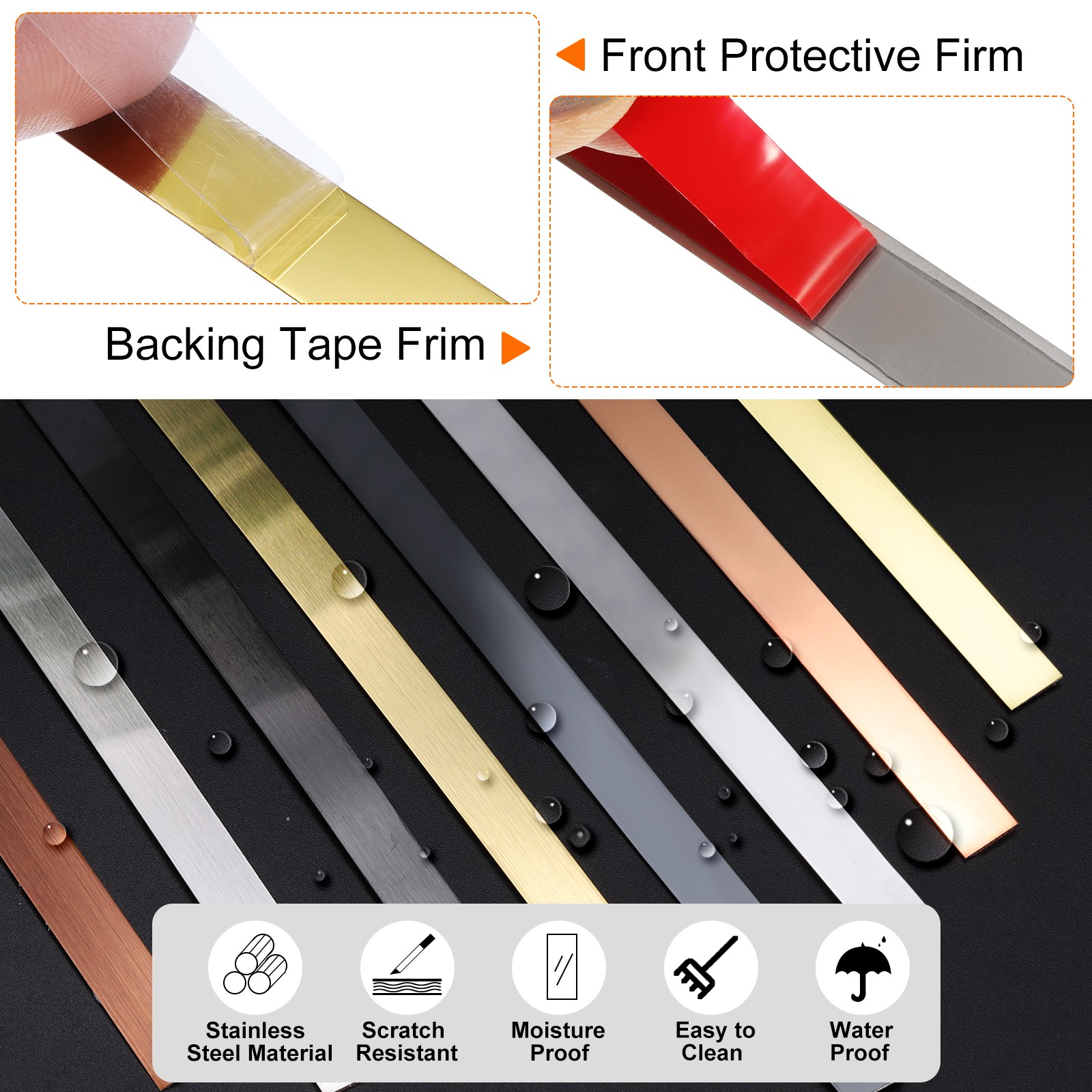 9.8ft x 0.39″ Wall Trim Self Adhesive Stainless Steel Mirror Finish Trim, Golden