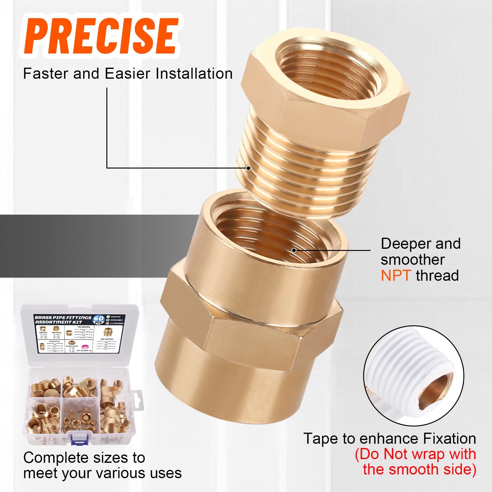 Ailbiuko 60pcs Brass Pipe Fittings Assortment 1/4″, 3/8″, 1/2″, 3/4″