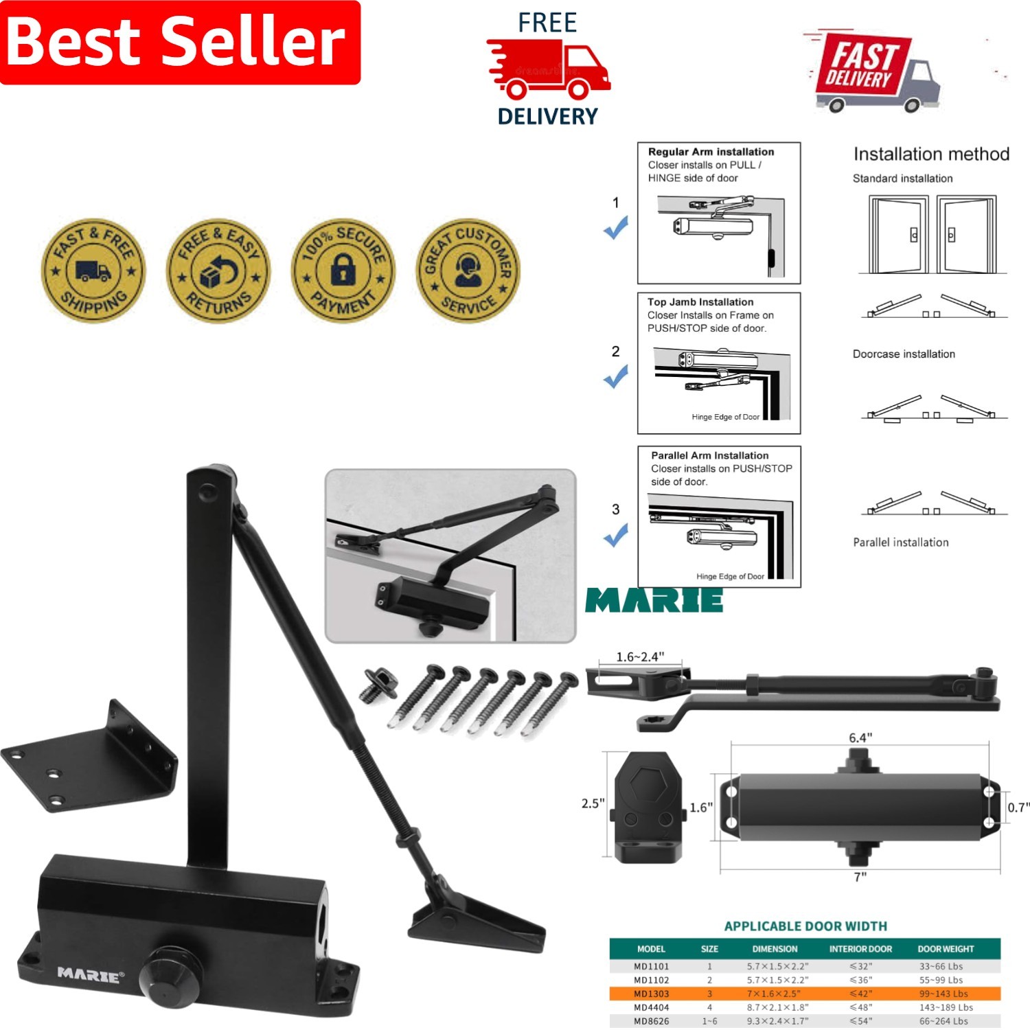 Black Aluminum Spring Hydraulic Door Closer for Residential & Commercial Use