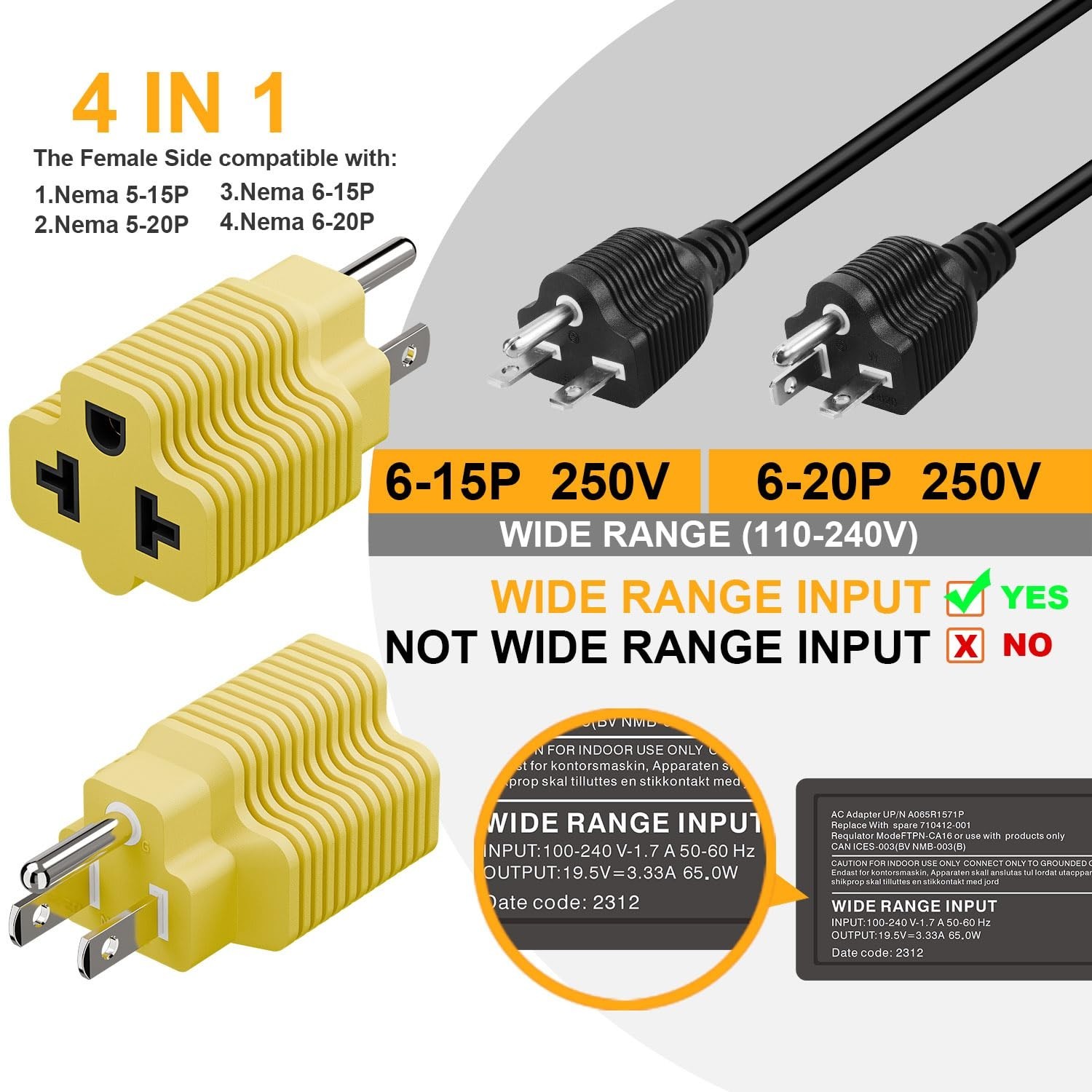 [4-in-1] 15 Amp Household AC Plug to 20 Amp T Blade Adapter,5-15P to 5-20R,5-…