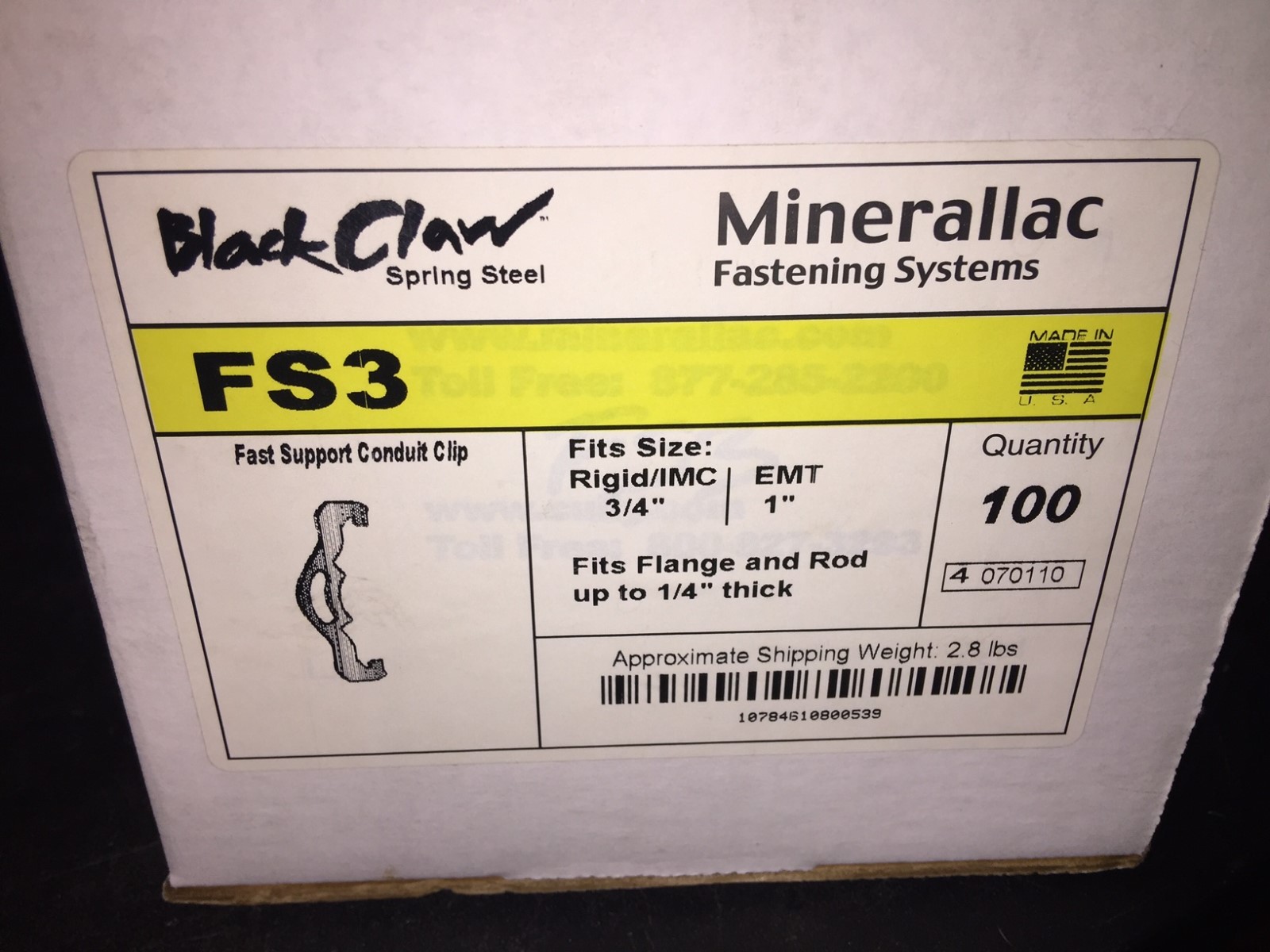 100pcs. CULLY MINERALLAC FS3 FAST SUPPORT CONDUIT CLIP 1″ EMT Black Claw