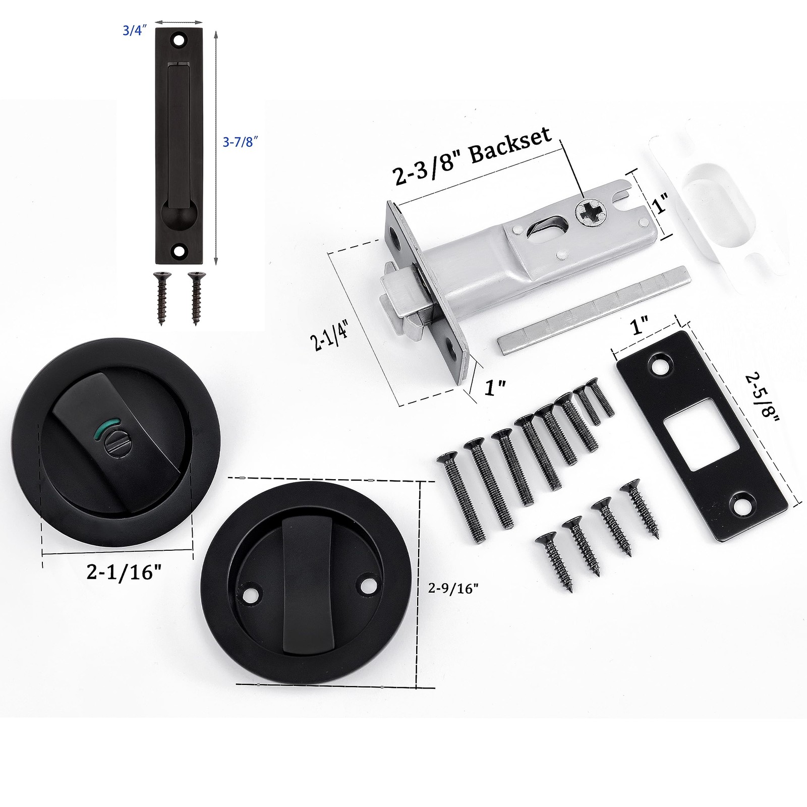 Pocket Door Privacy Lock Latch Round Matte Black Fits 13/8 To 23/16 Inch
