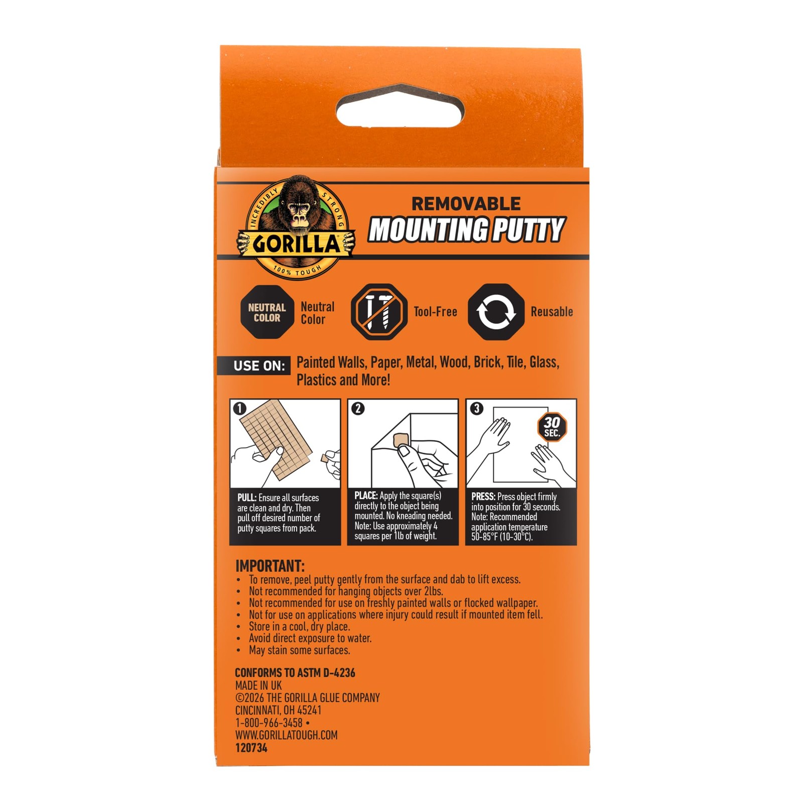 Gorilla Mounting Putty, Natural Tan Color, 168 168 Squares,