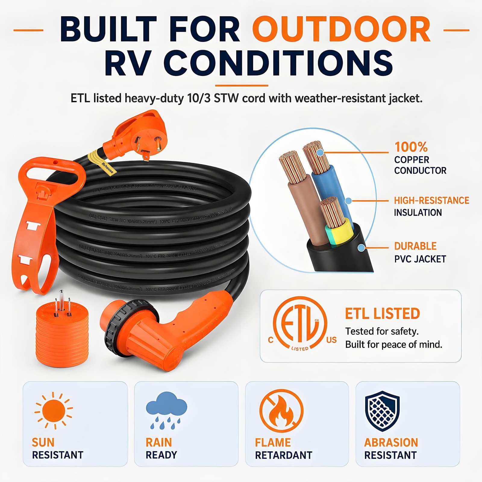 15 ft 30A RV Extension Cord, TT-30P to L5-30R, 10/3 STW | ETL Listed Outdoor …