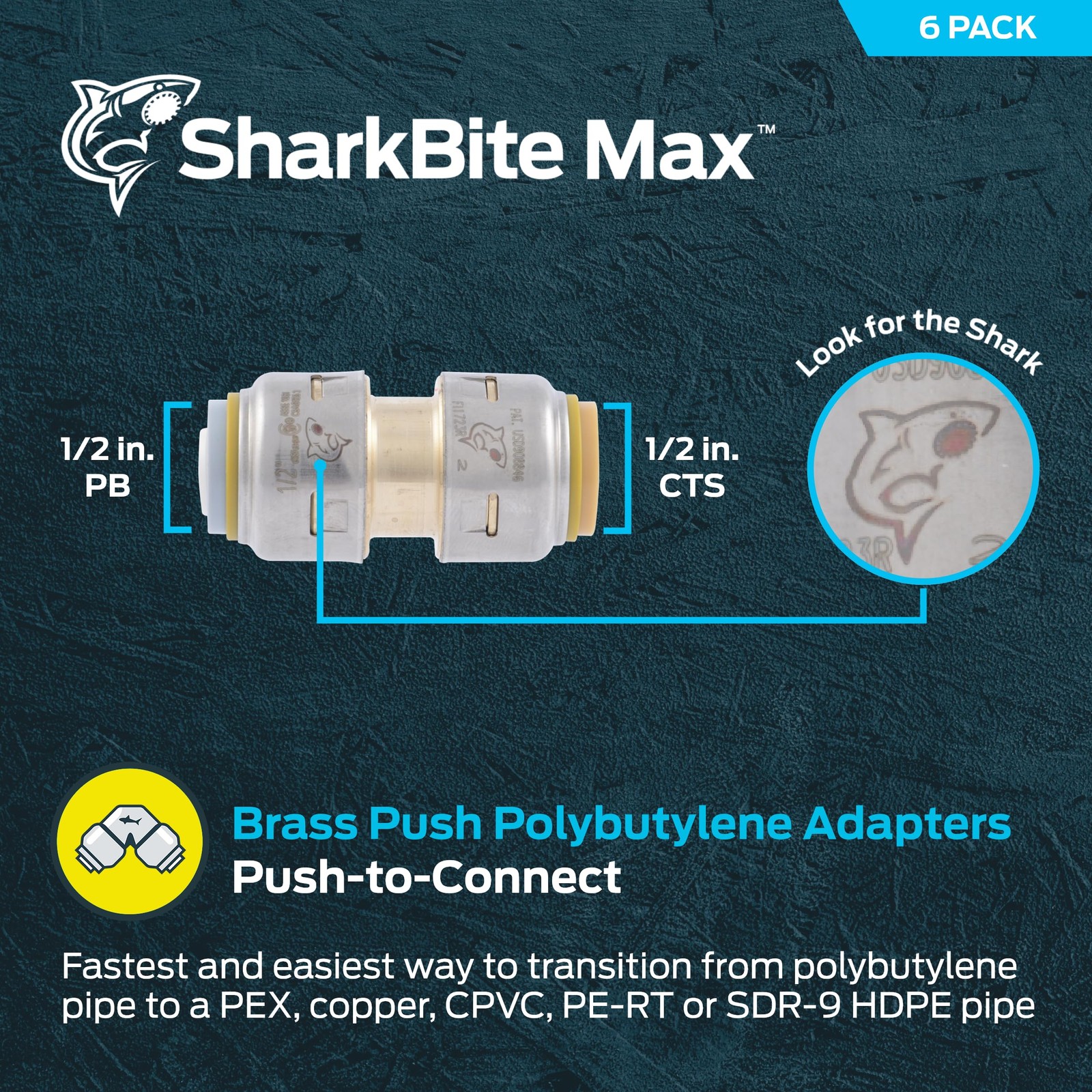 SharkBite Max 1/2 Inch Polybutylene Transition in., Pack of 6, Brass