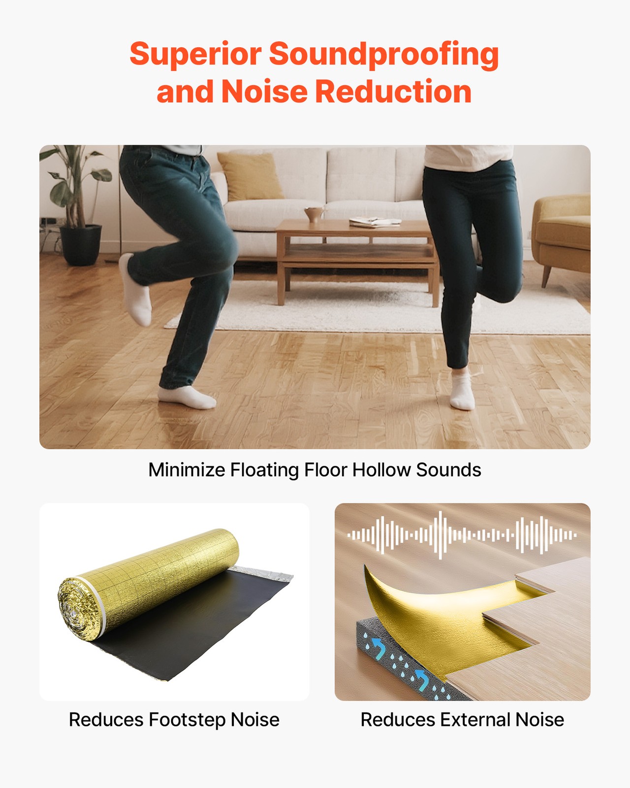 VEVOR Floor Underlayment 200 sq ft Roll 3mm Vapor Barrier Soundproofing Gold