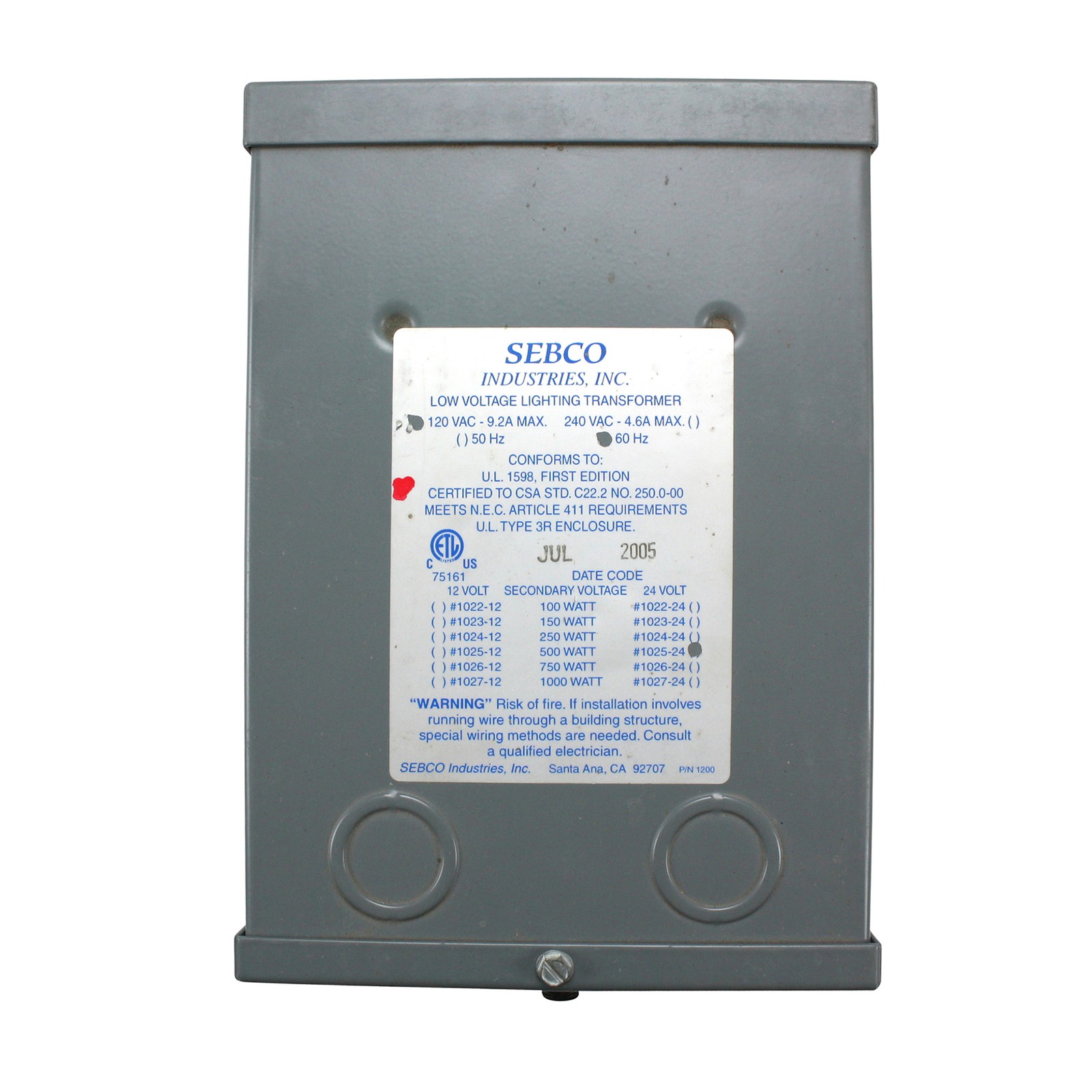 SEBCO INDUSTRIES 1025-24 120VAC 24VDC 9.2A 500W LOW VOLTAGE LIGHTING TRANSFORMER