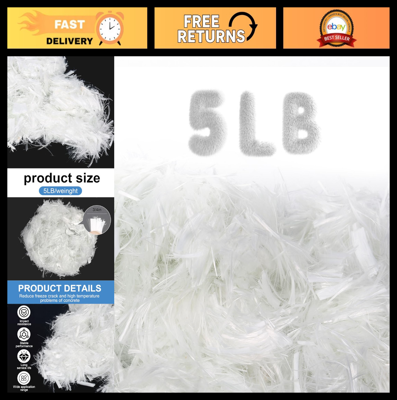 5Lb Chopped Fiberglass for Concrete Reinforcement, 3/4 Inch Anti-Seepage Fiber