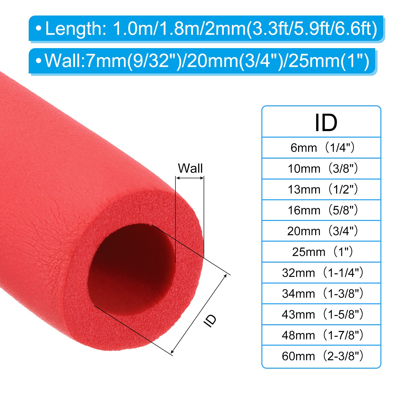 70.9″ Length 0.98″ ID Pipe Insulation PPR Foam Tubing 7mm Thick Red