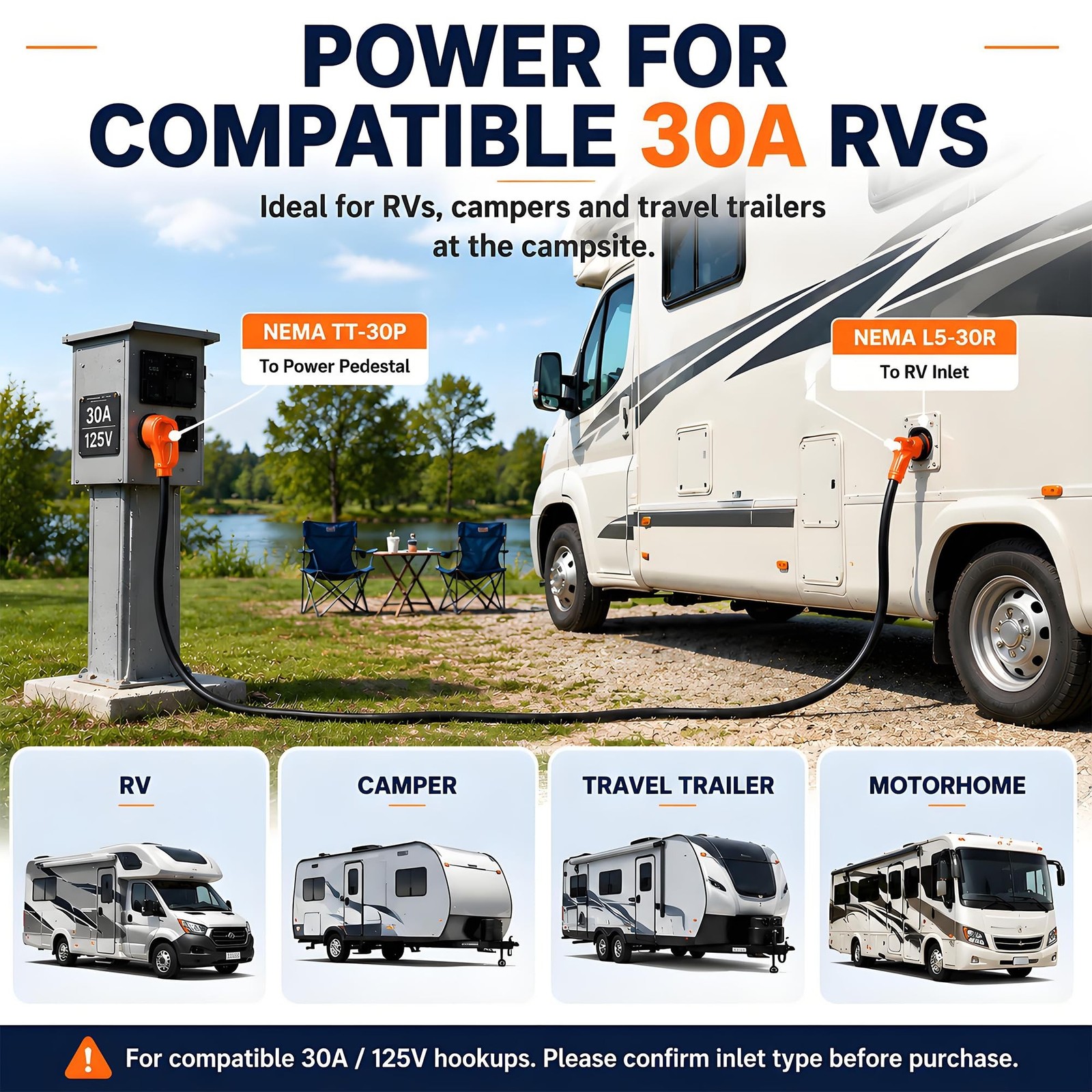 15 ft 30A RV Extension Cord, TT-30P to L5-30R, 10/3 STW | ETL Listed Outdoor …