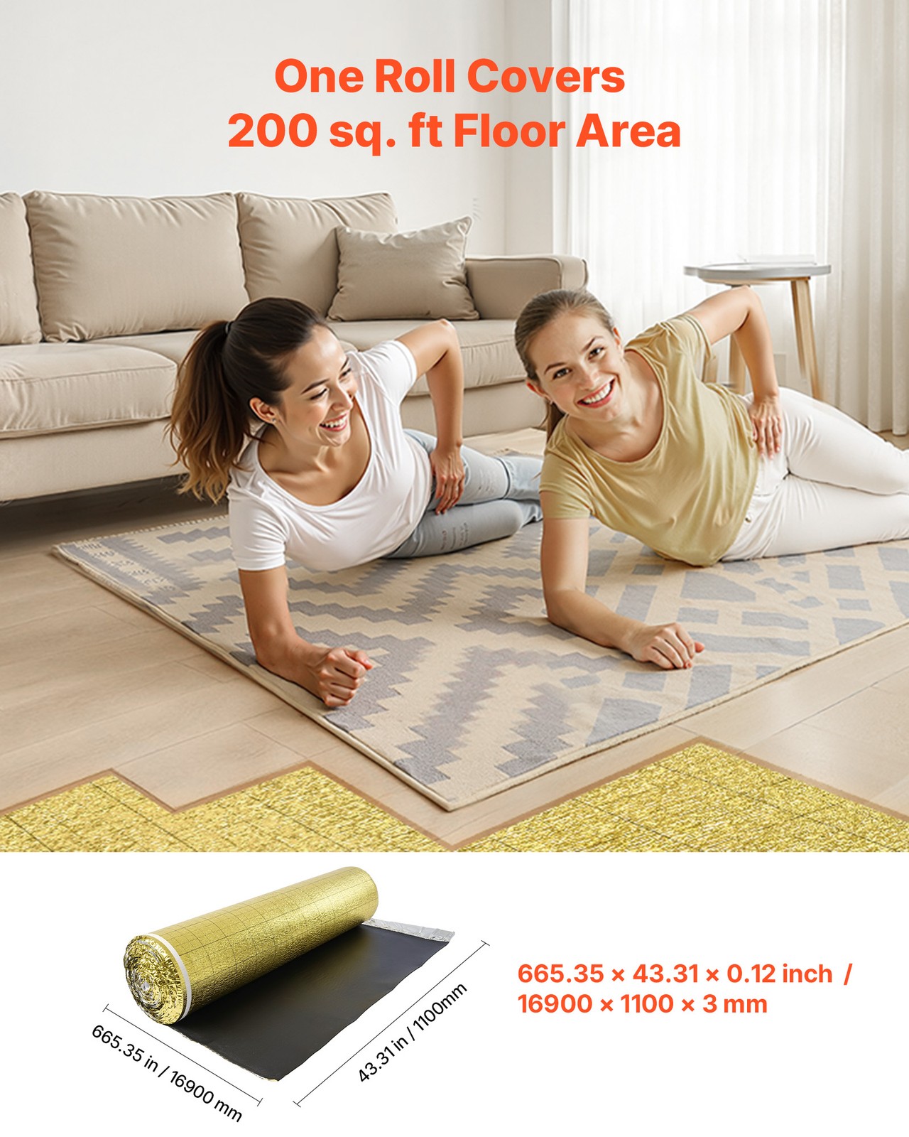 VEVOR Floor Underlayment 200 sq ft Roll 3mm Vapor Barrier Soundproofing Gold
