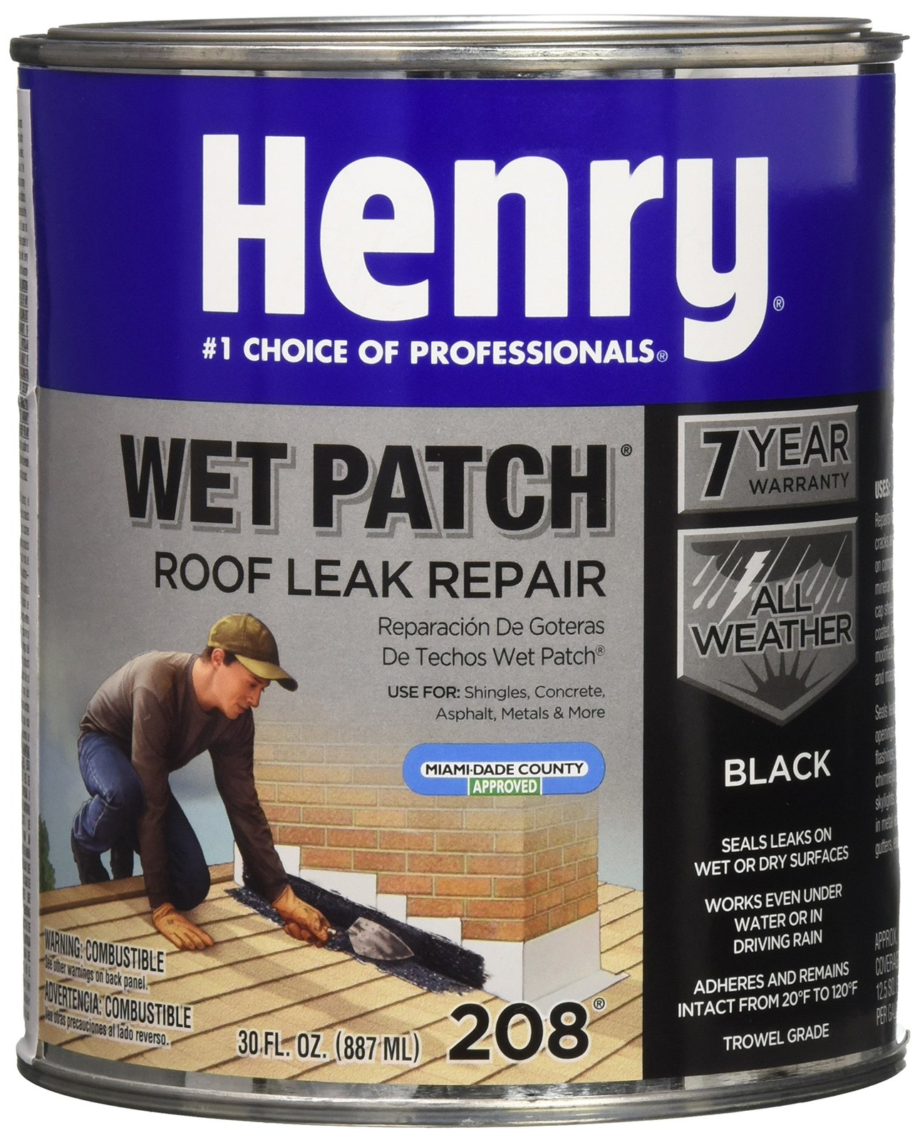Henry HE208030 Wet Patch Roof Cement Black 30 oz Quart Can