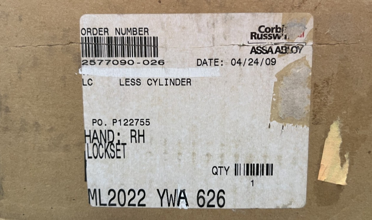 CORBIN RUSSWIN ASSA ABLOY ML2022 YWA 626 RH MORTISE KNOB STORE DOOR LOCK GRADE-1