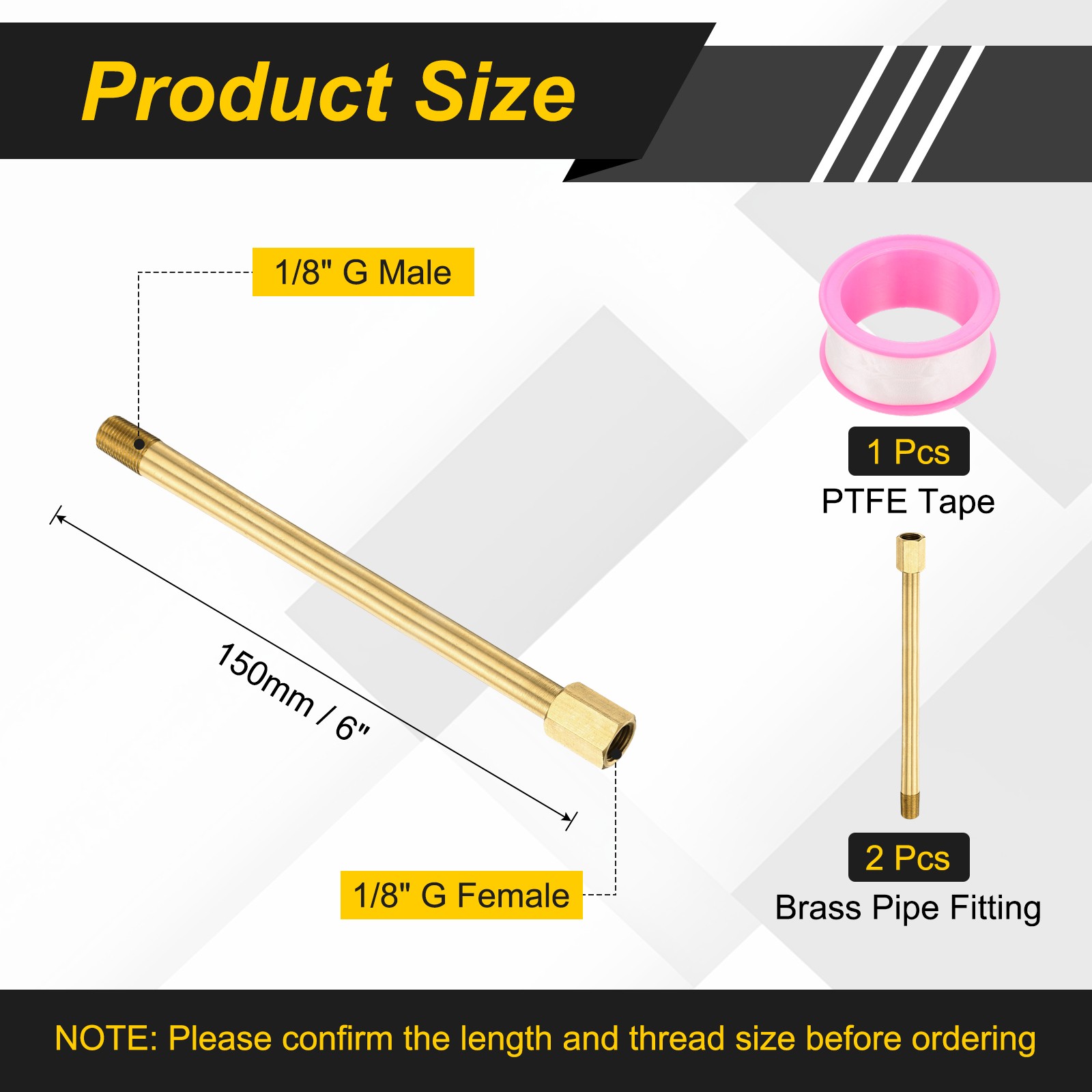 2Pcs 1/8″ g Male x 1/8″ g Female Brass Pipe Fittings with Tape 6 Inch Length