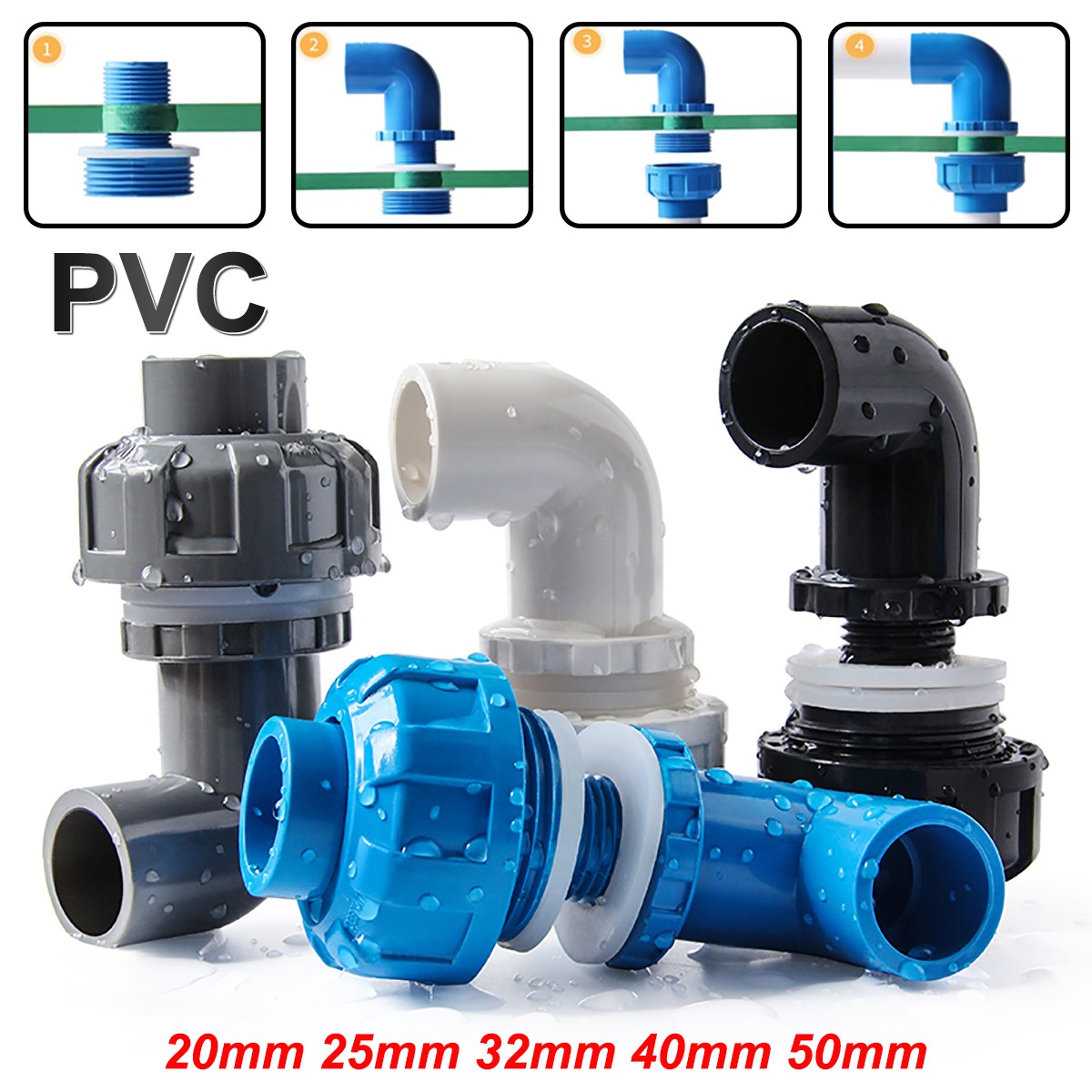 PVC Pipe Fitting 90° Elbow Bulkhead Tank Connector Union Aquarium 20mm – 50mm