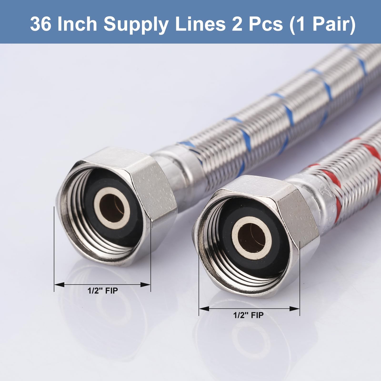 36 Inch Length Faucet Hose 1/2” to 1/2”, Braided Stainless 36 Inch, Silver