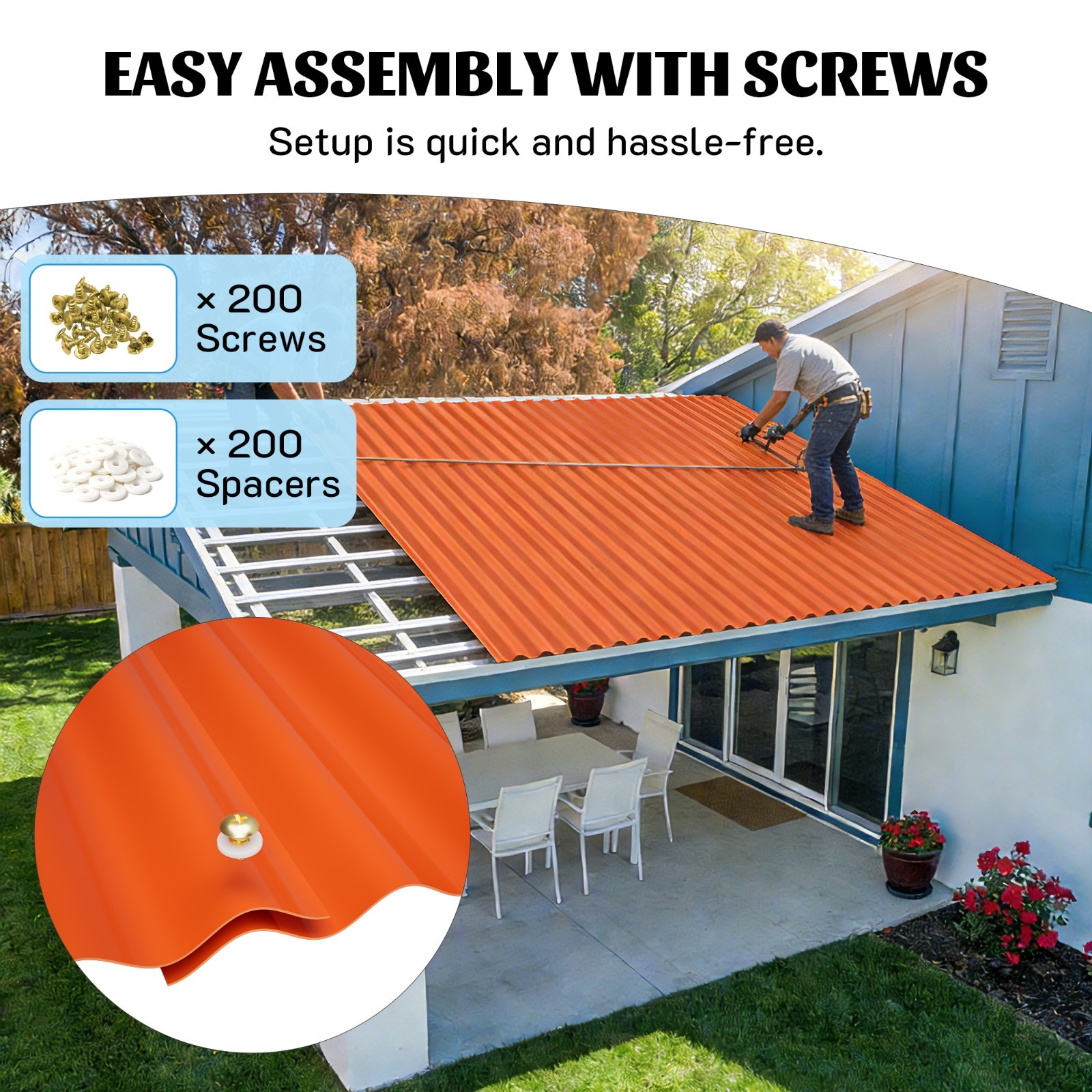 20.67″ x 60.2″ Corrugated Orang PVC Roof Panels Hardware Roofing Sheets (25 Pcs)