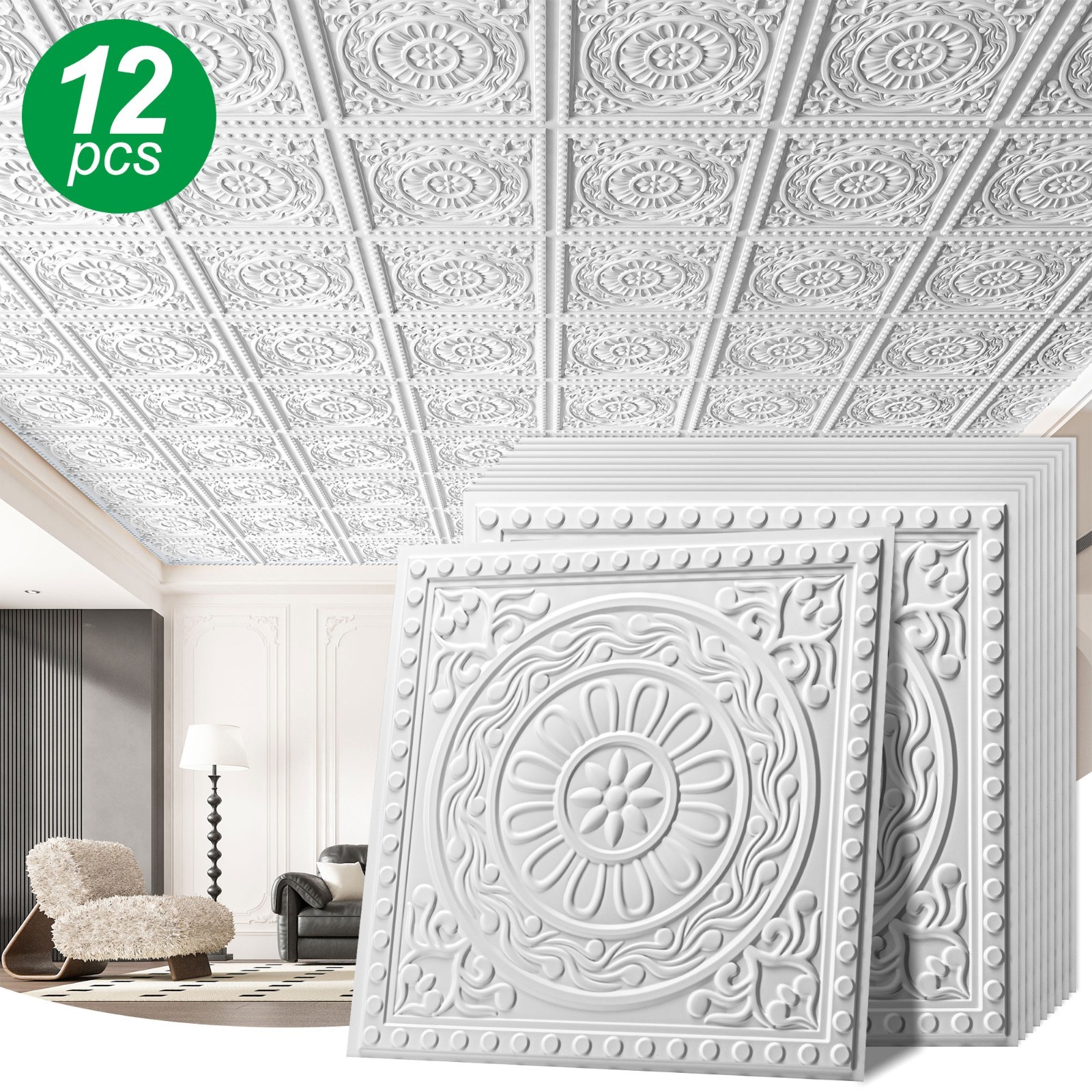 12-Pack 24×24 PVC Ceiling Tiles Decorative Drop Ceiling Panels 48 Sq.Ft