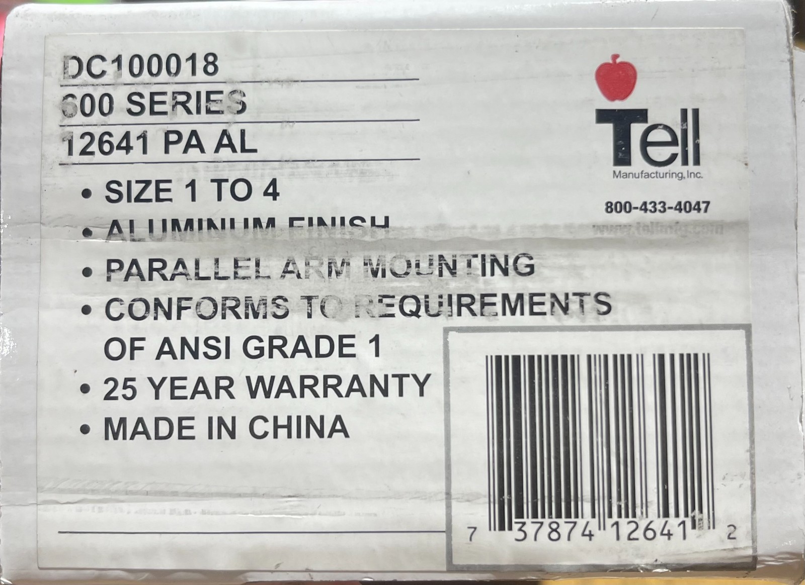 NEW Tell DC100148: 600 Series Grade 1 Silver Commercial Door size 1-4 UGLY BOX