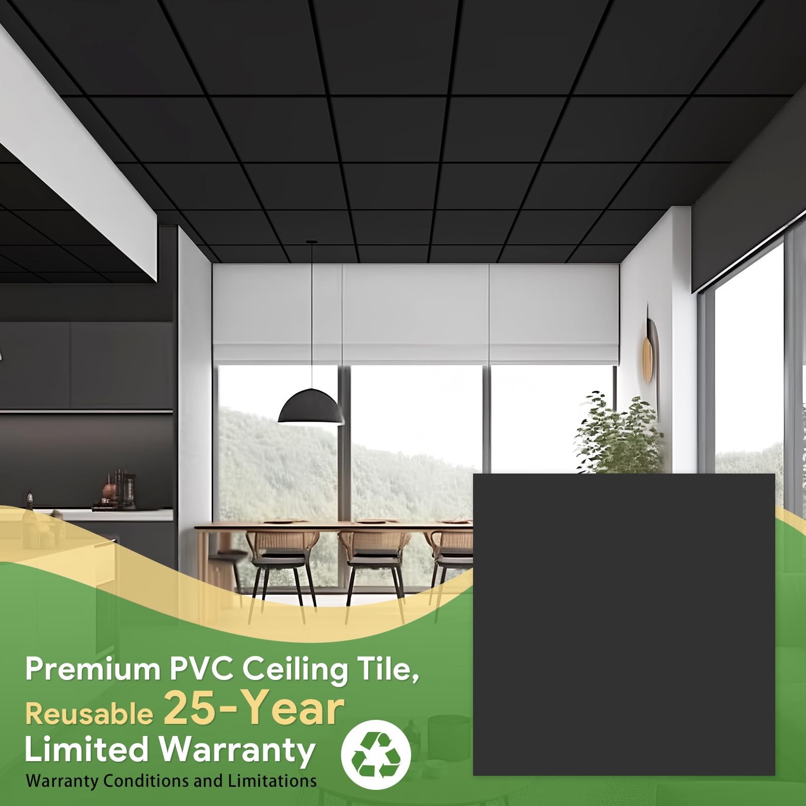 Fasarxiu 12-Pack 2x2ft Black Waterproof PVC Drop Ceiling Tiles – 48 sq ft