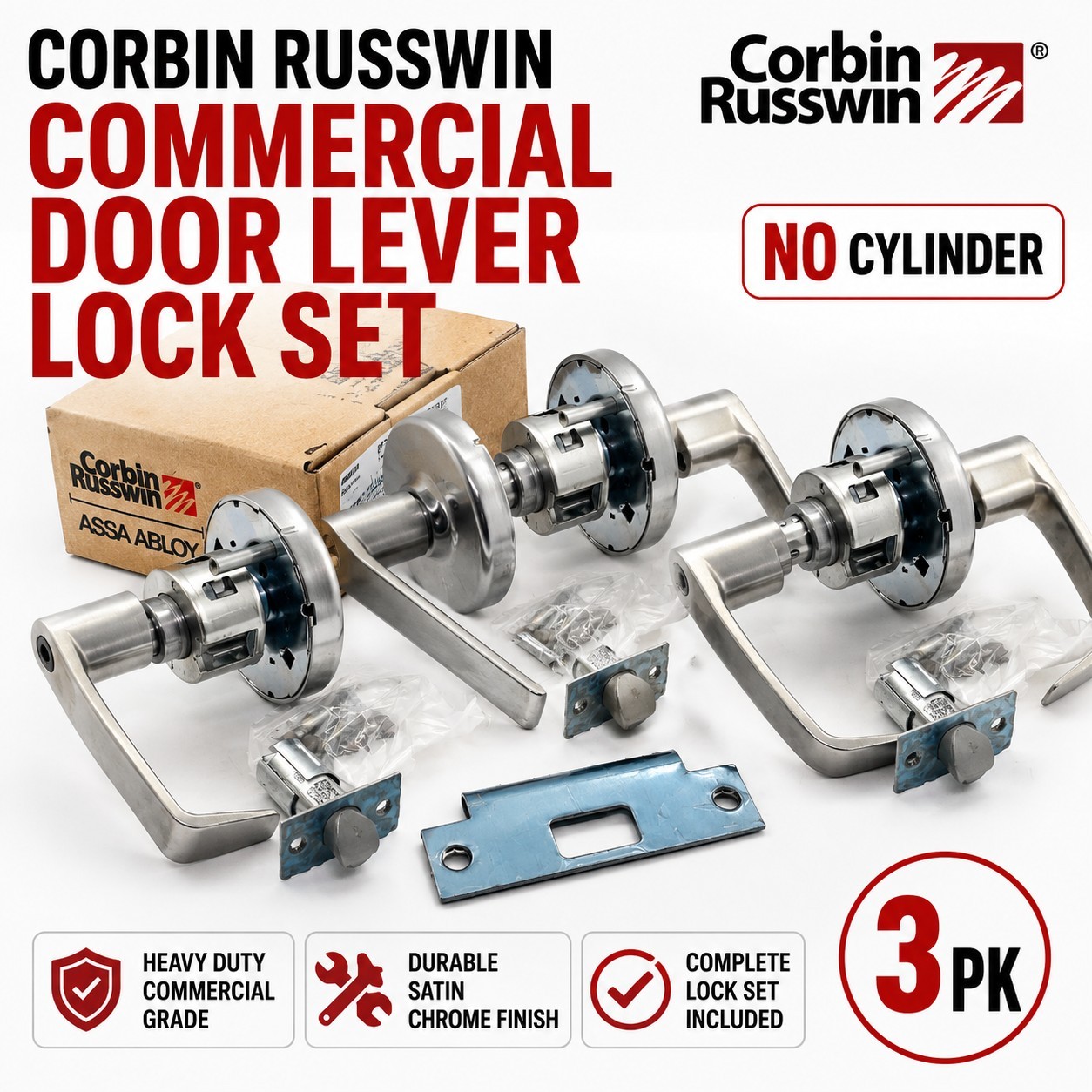 Corbin Russwin Commercial Door Lever Lock Set Satin Chrome No Cylinder (3pc)