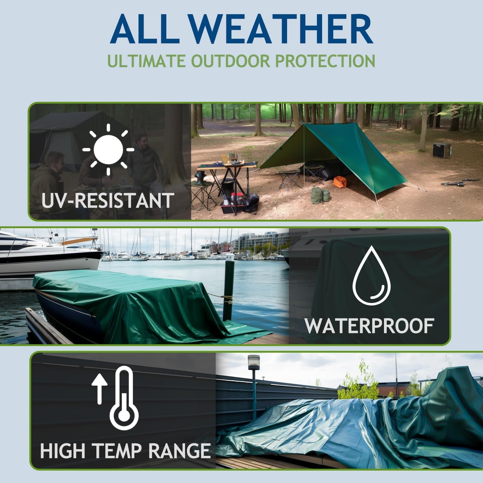 8×10 Ft 10 Mil Heavy Duty Waterproof Tarp, Green | Finished-size green 10 mil…