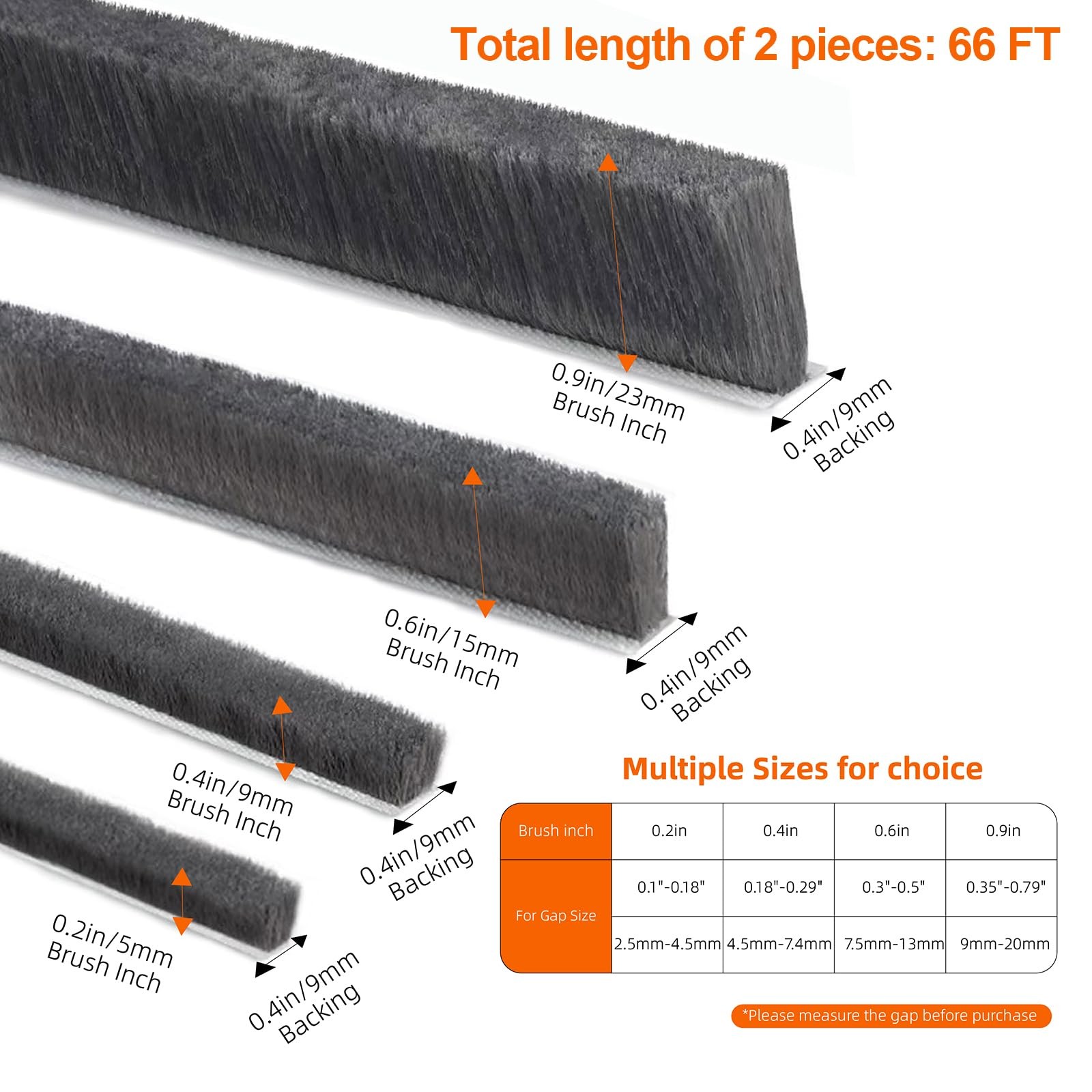 66 Feet Brush Weather 2Pack 33Feet x 0.2in x 0.35in Backing, Gray
