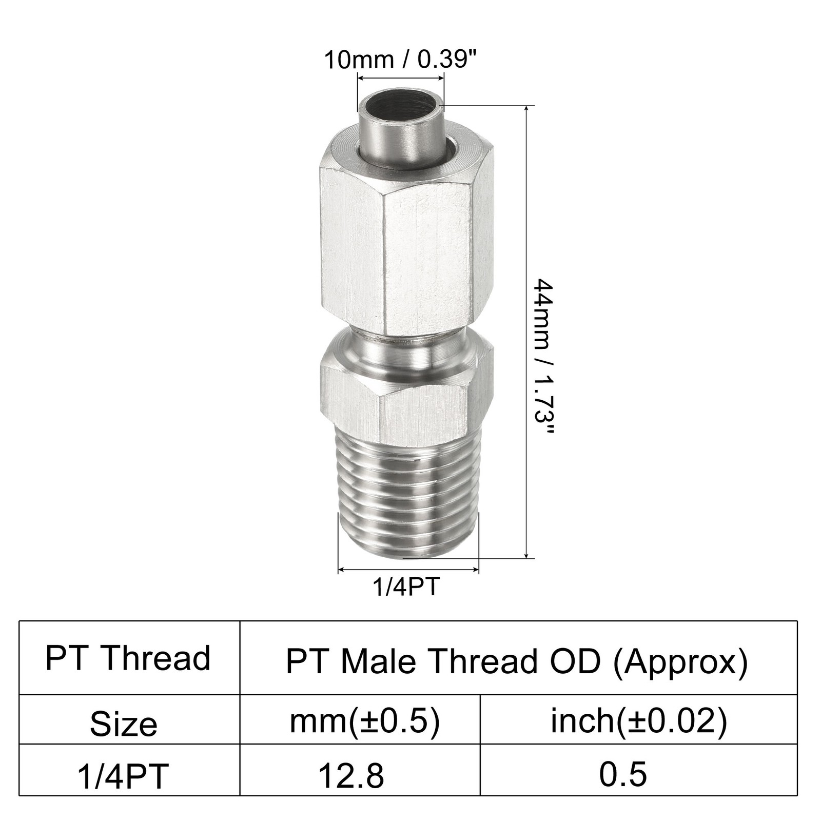 Compression Tube Fitting 304 Stainless Steel 1/4PT Male Thread for 10mm Silver