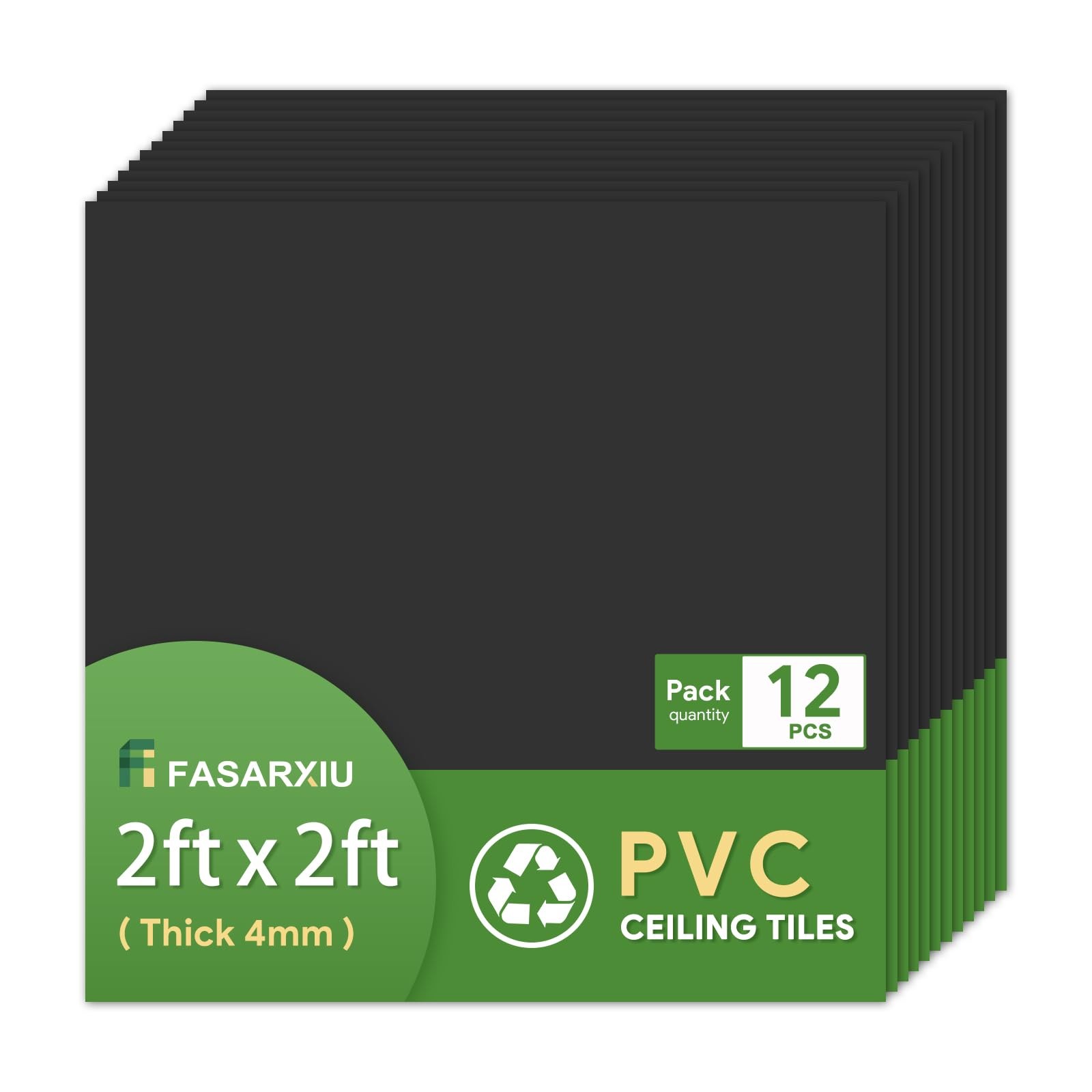 Fasarxiu 12-Pack 2x2ft Black Waterproof PVC Drop Ceiling Tiles – 48 sq ft