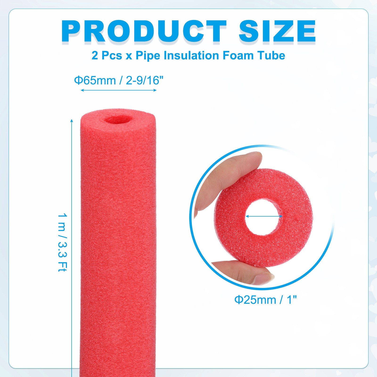 2Pcs 1″(25mm)IDx3.3FTx2.56″ Pipe Insulation Foam Tube Pool Noodles Red