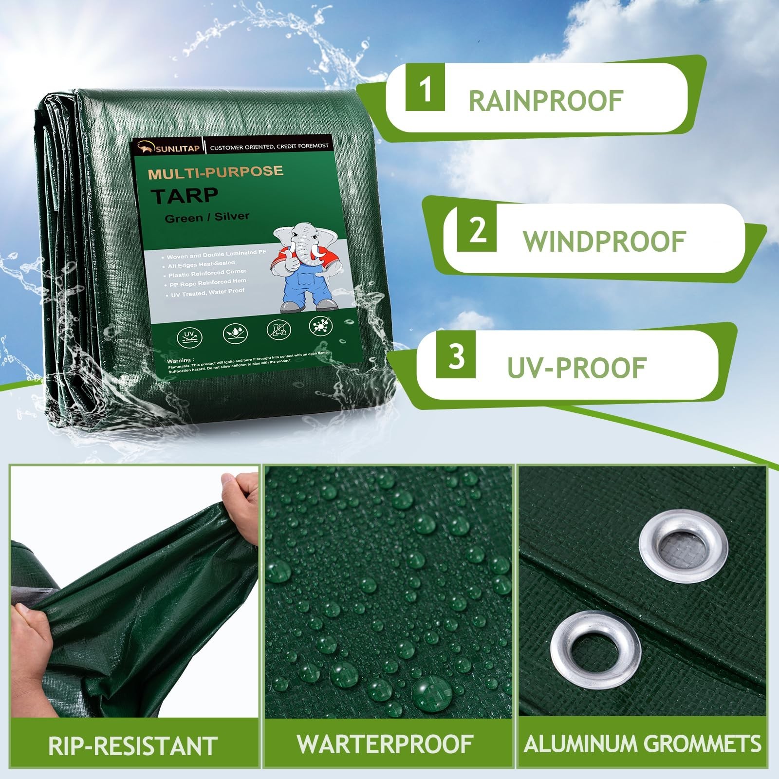 8×10 Ft 10 Mil Heavy Duty Waterproof Tarp, Green | Finished-size green 10 mil…