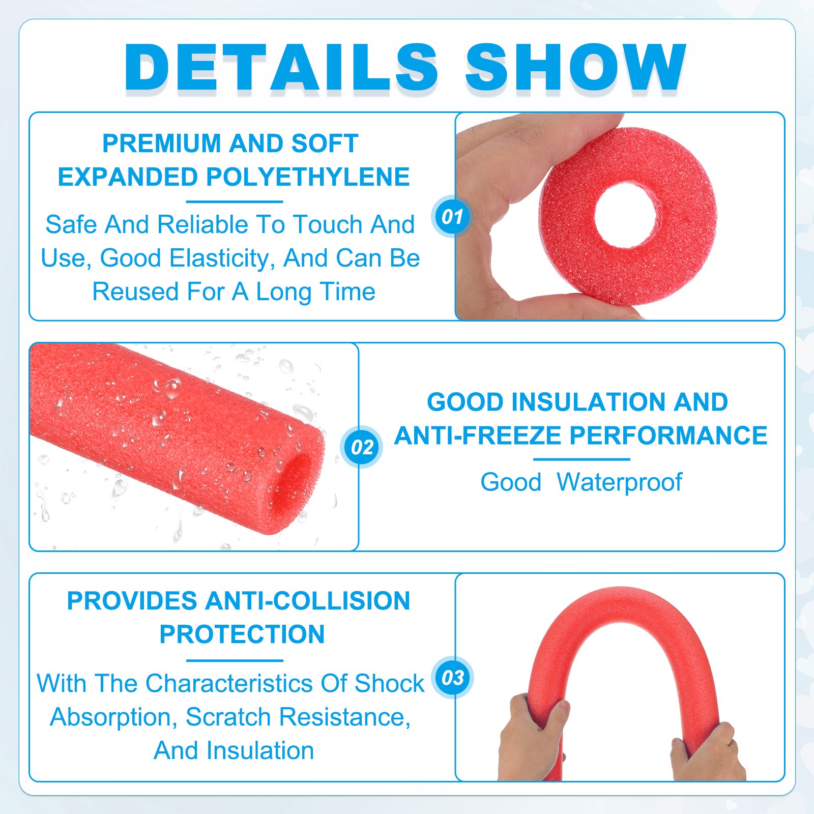 2Pcs 1″(25mm)IDx3.3FTx2.56″ Pipe Insulation Foam Tube Pool Noodles Red