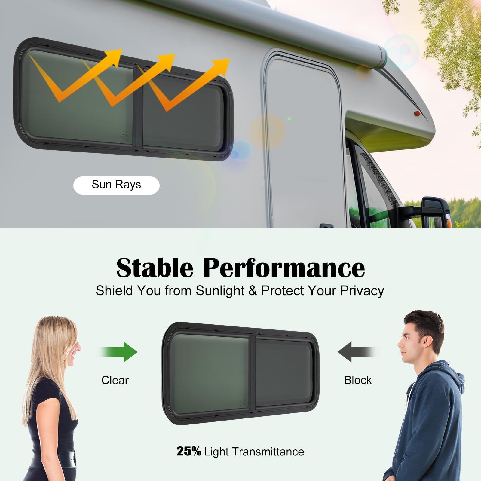 RV Teardrop Window 42×12 Horizontal Sliding Glass w/ Ring & Screen Black